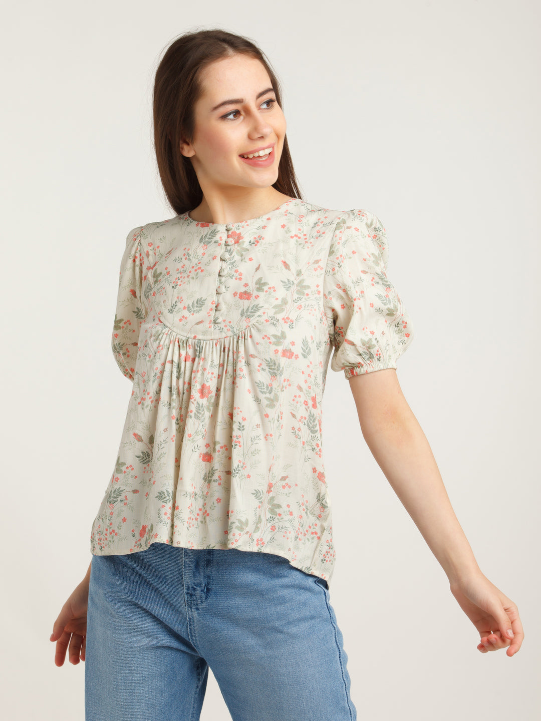 Beige Printed Gathered Top