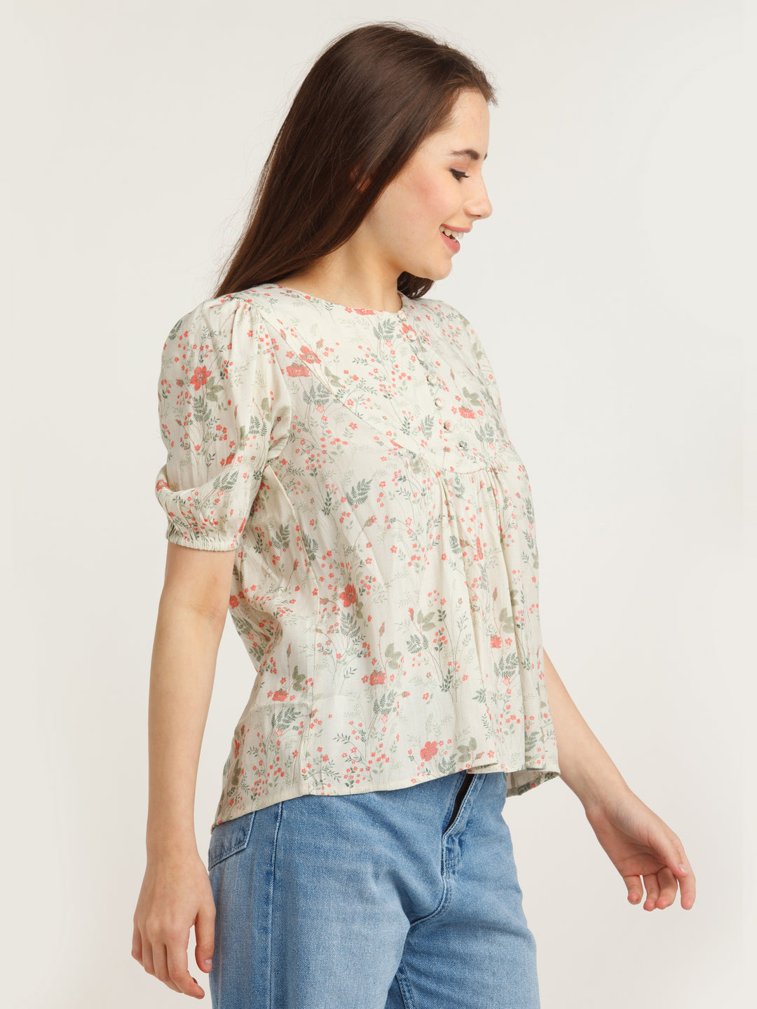 Beige Printed Gathered Top For Women