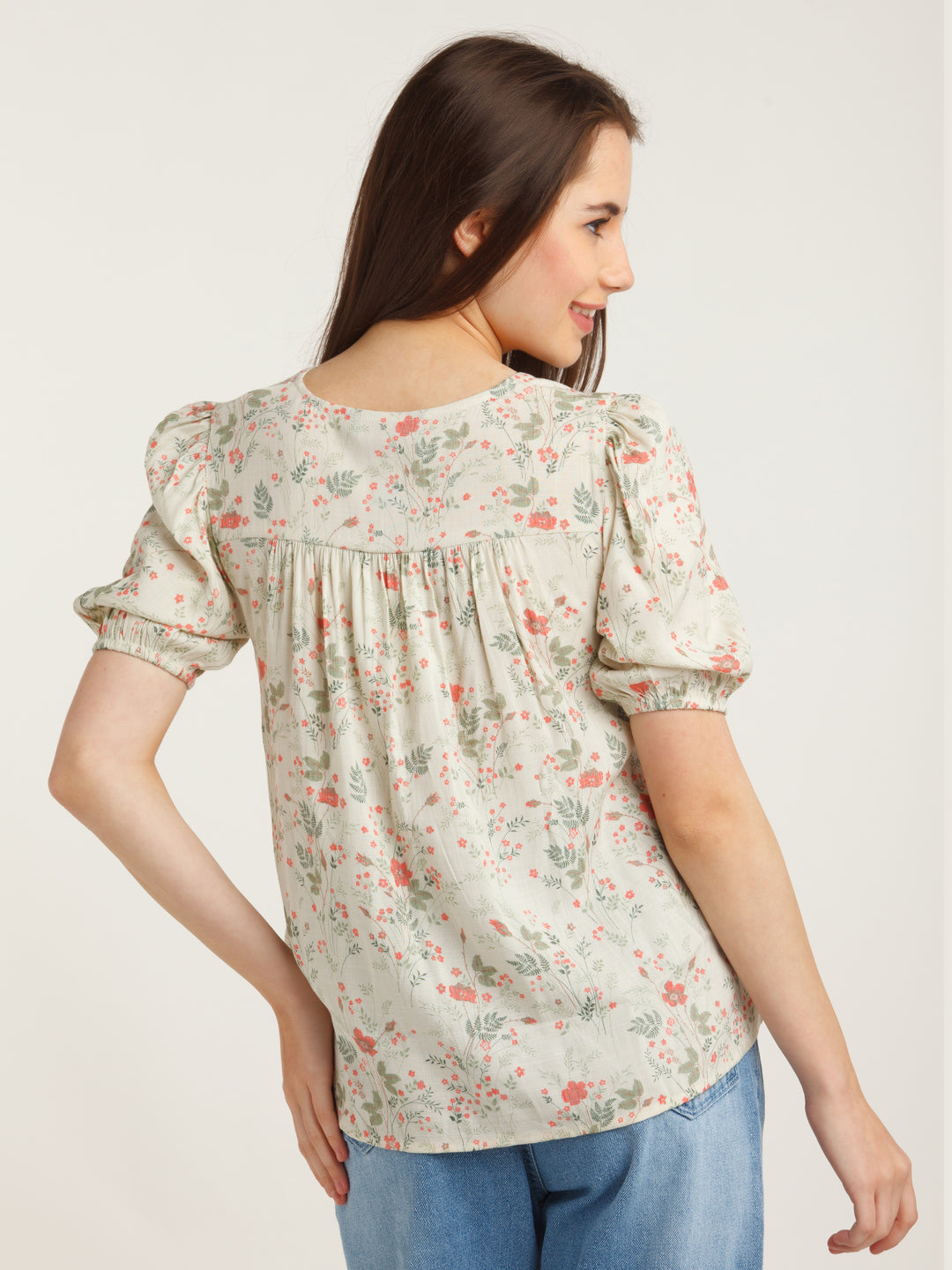 Beige Printed Gathered Top