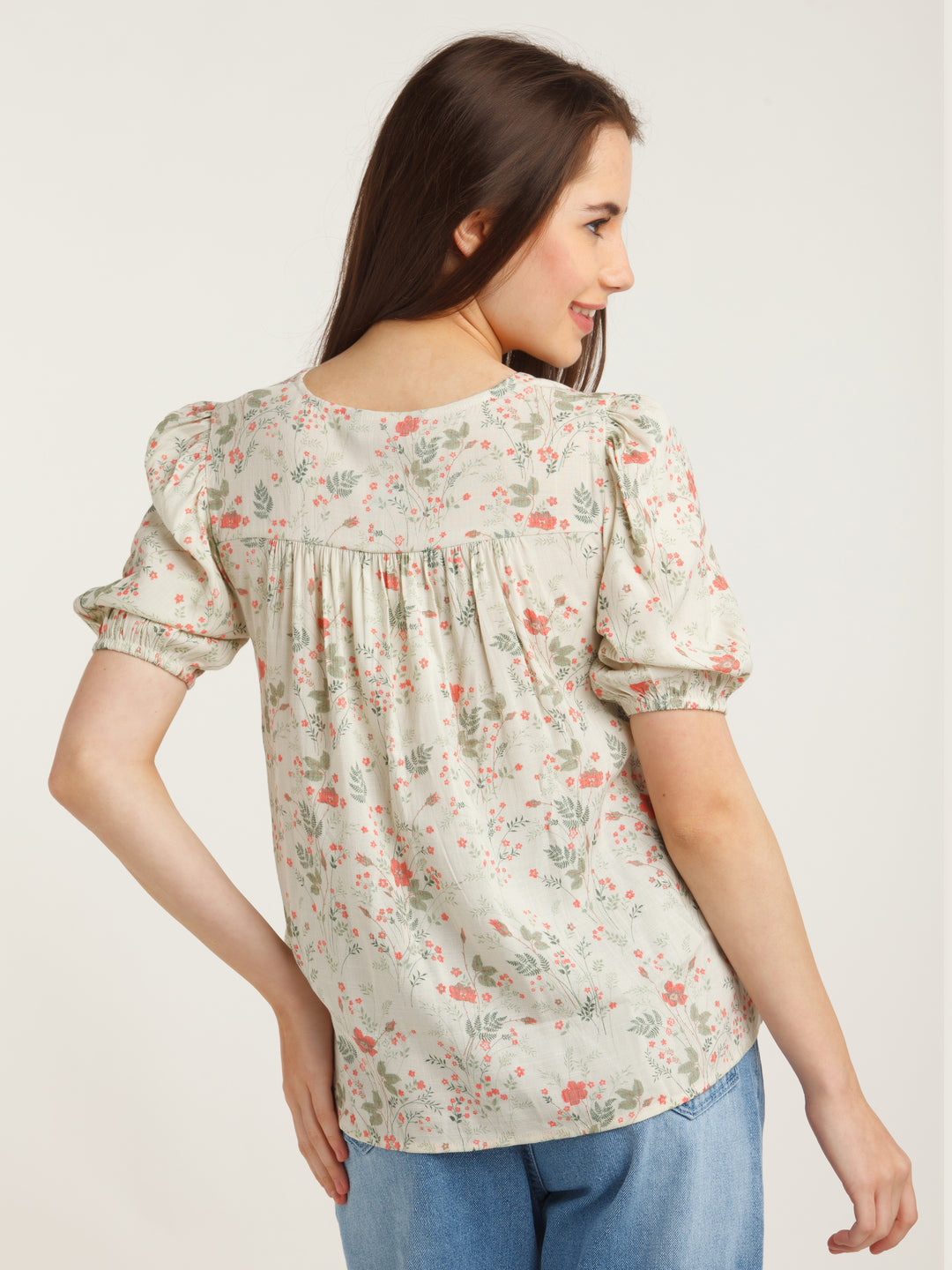 Beige Printed Gathered Top For Women