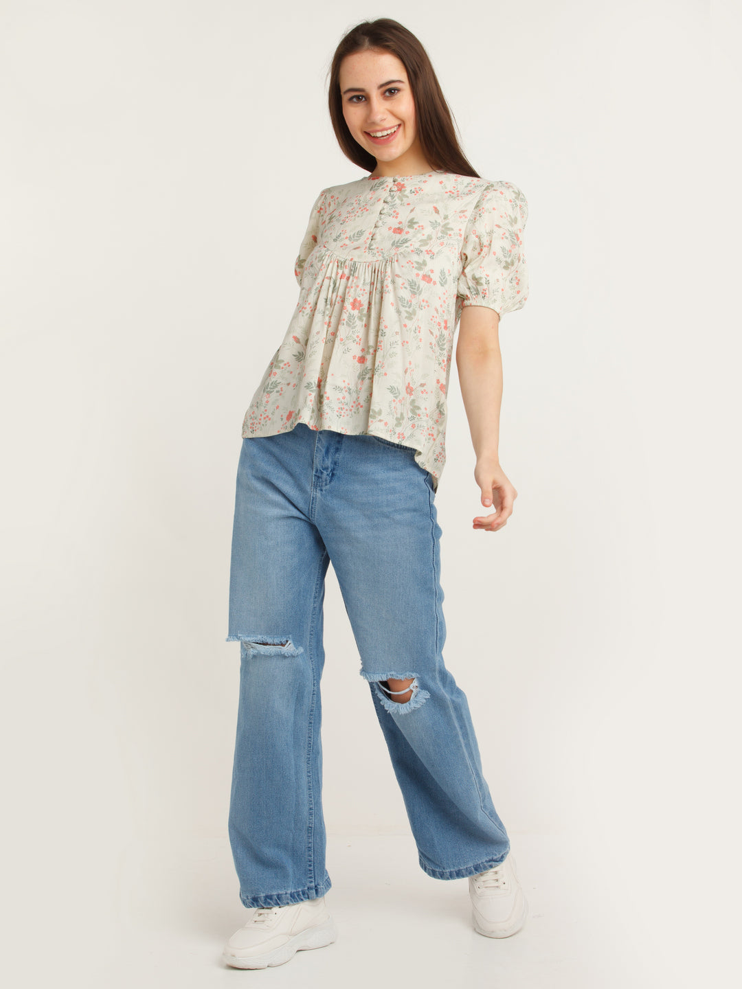 Beige Printed Gathered Top For Women