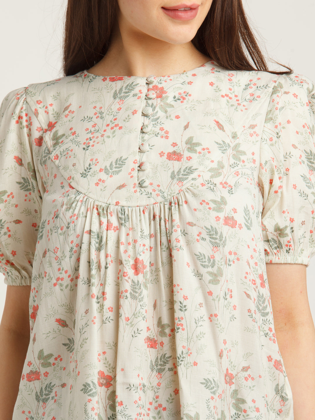 Beige Printed Gathered Top For Women