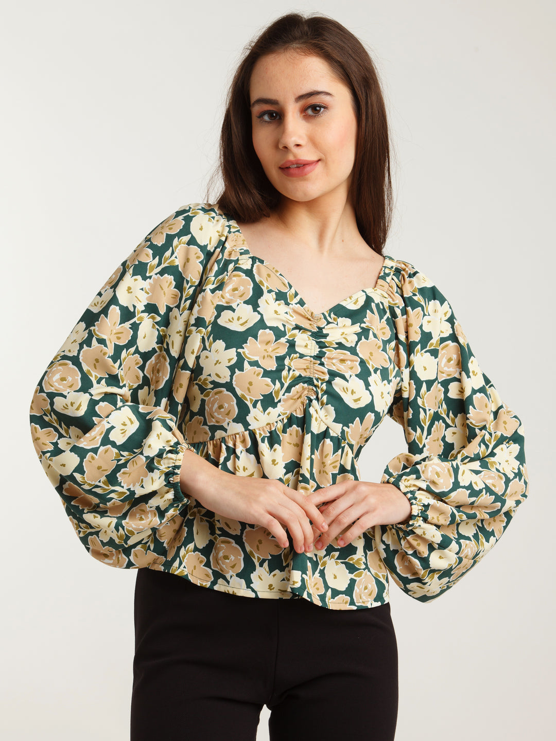 Green Printed Ruched Top For Women