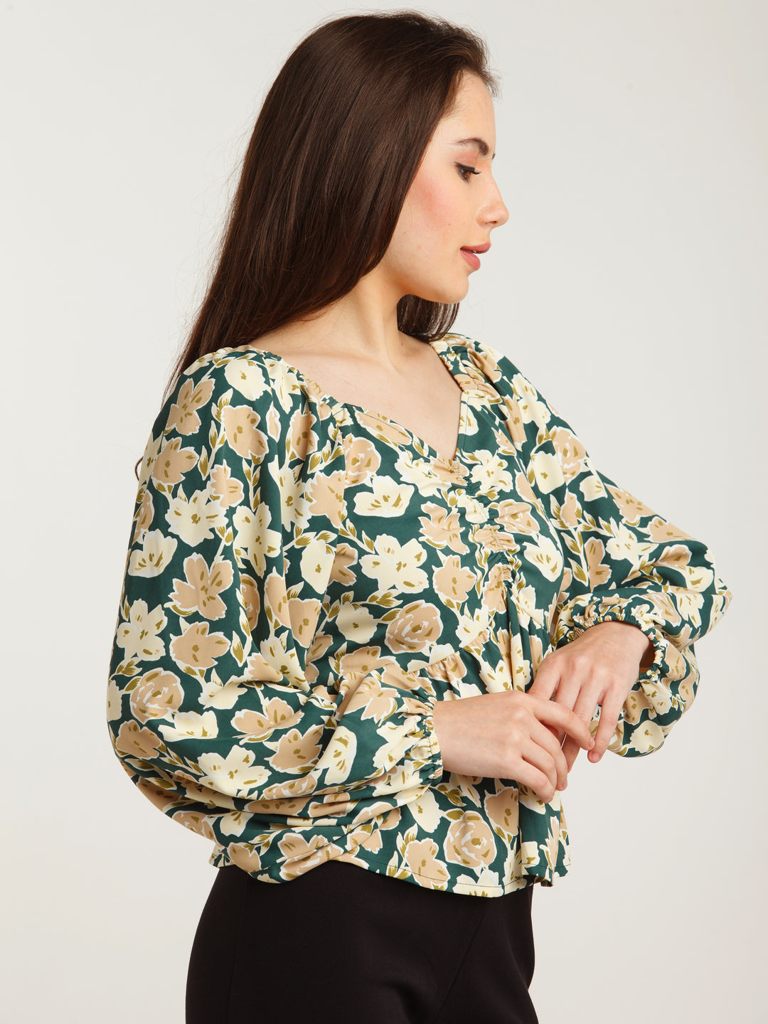Green Printed Ruched Top For Women