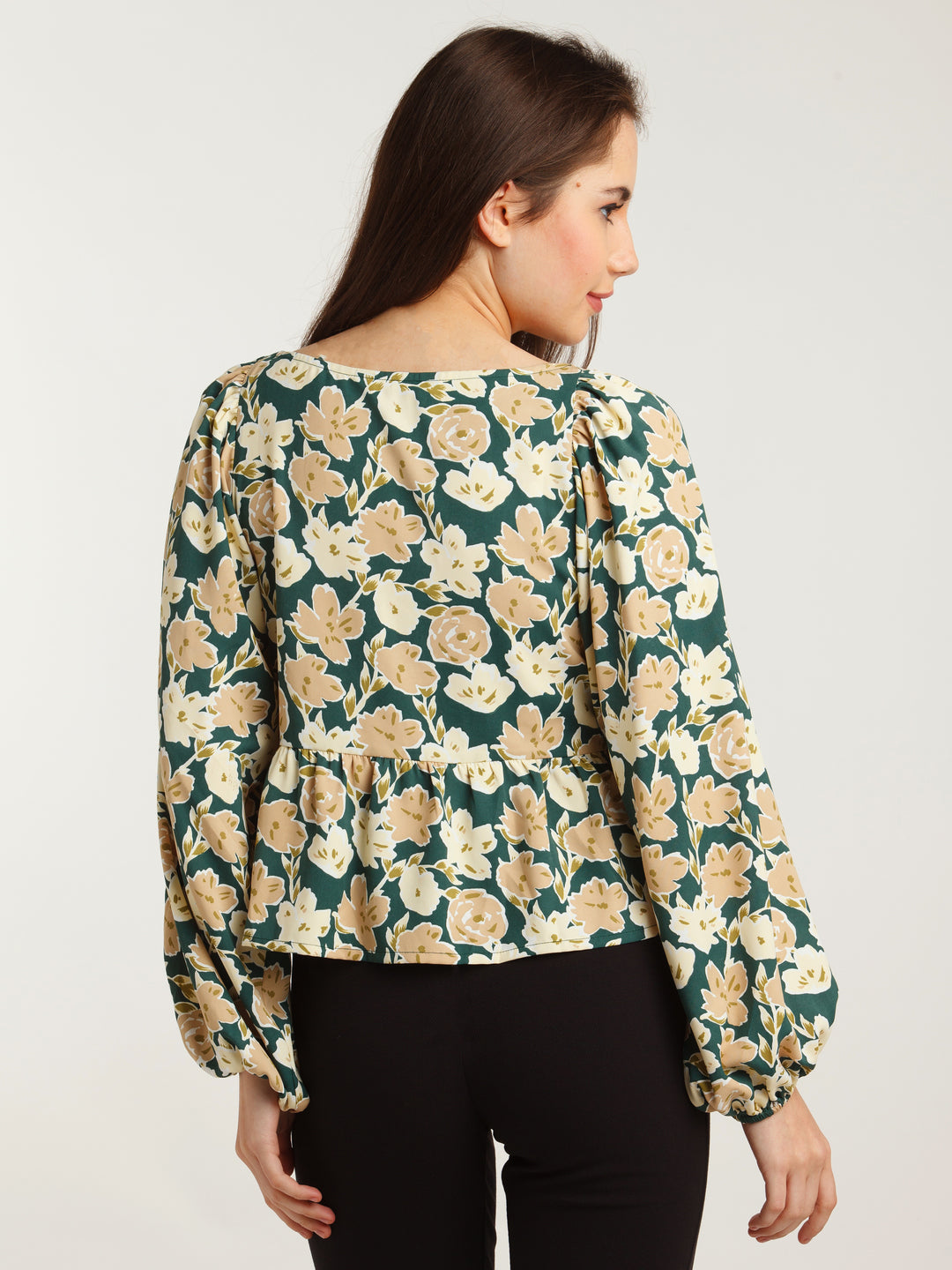 Green Printed Ruched Top For Women