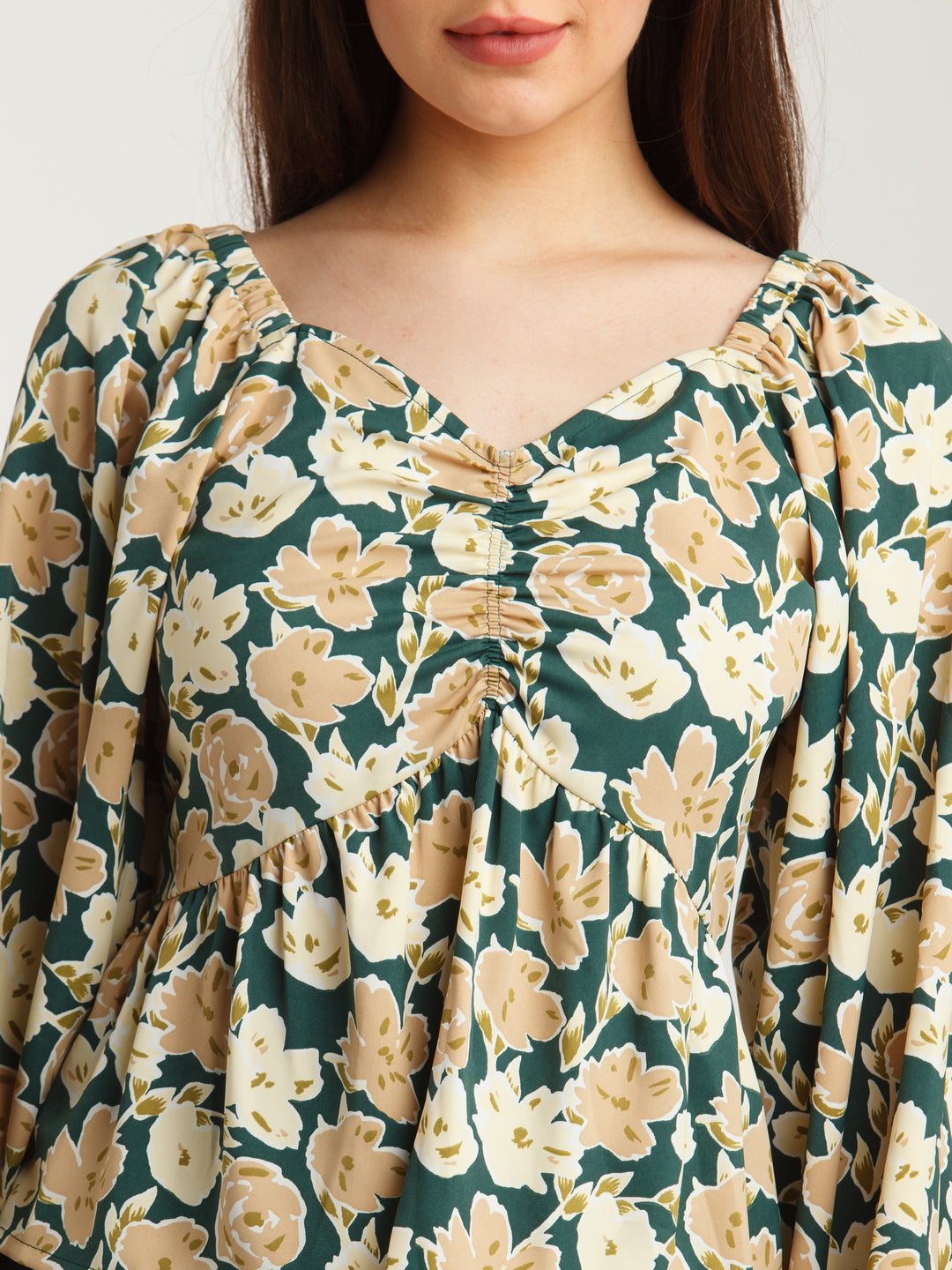 Green Printed Ruched Top For Women