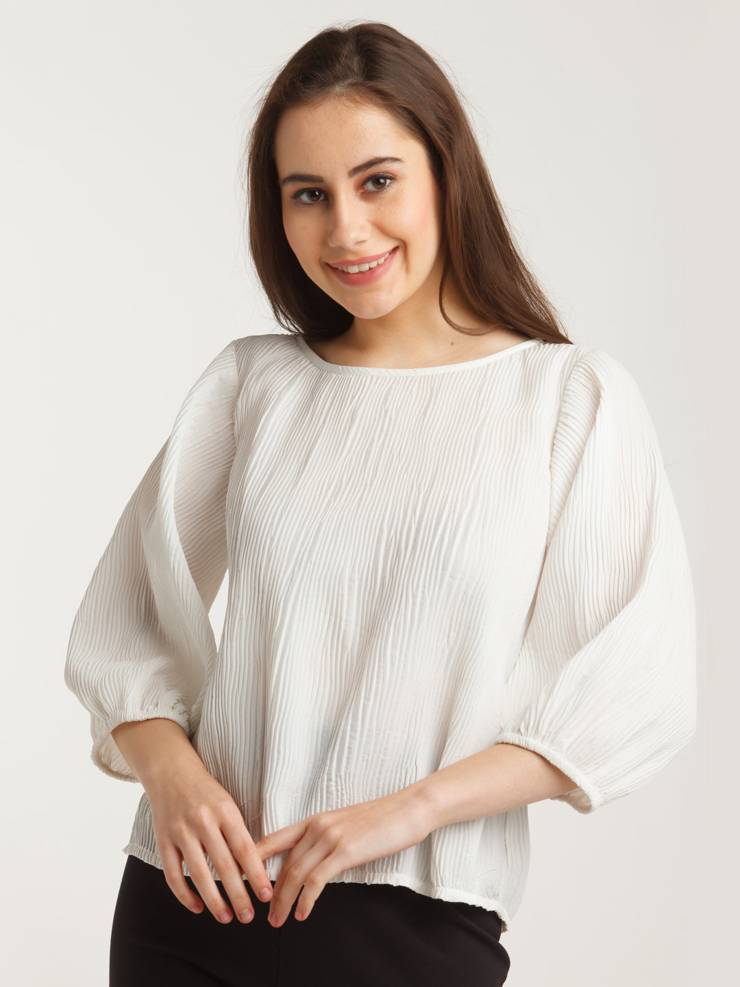 White Solid Pleated Top For Women