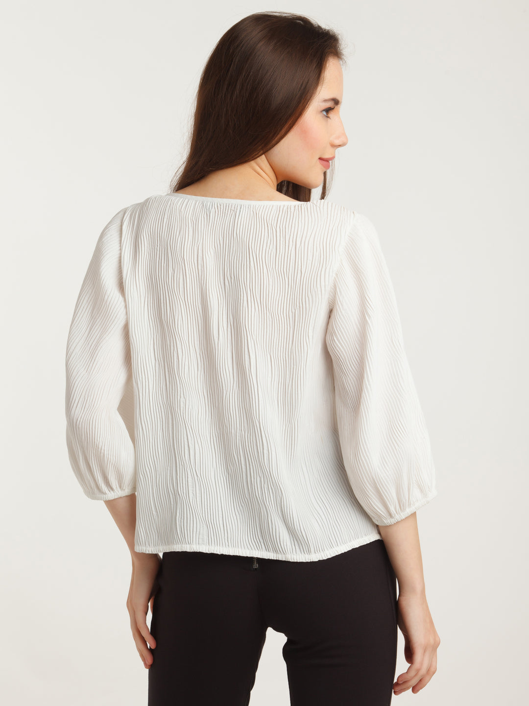 White Solid Pleated Top For Women