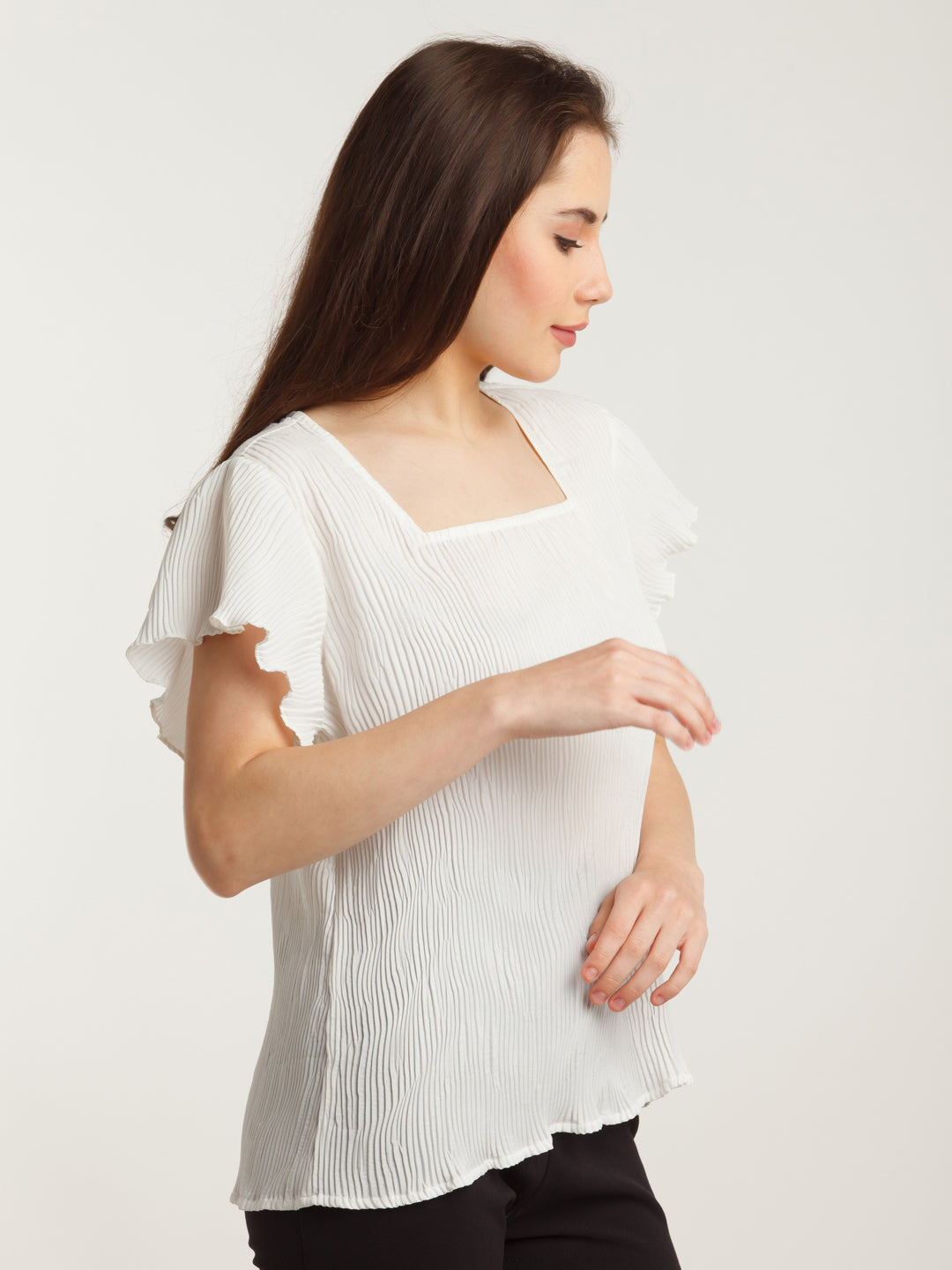 White Solid Flared Sleeve Top For Women
