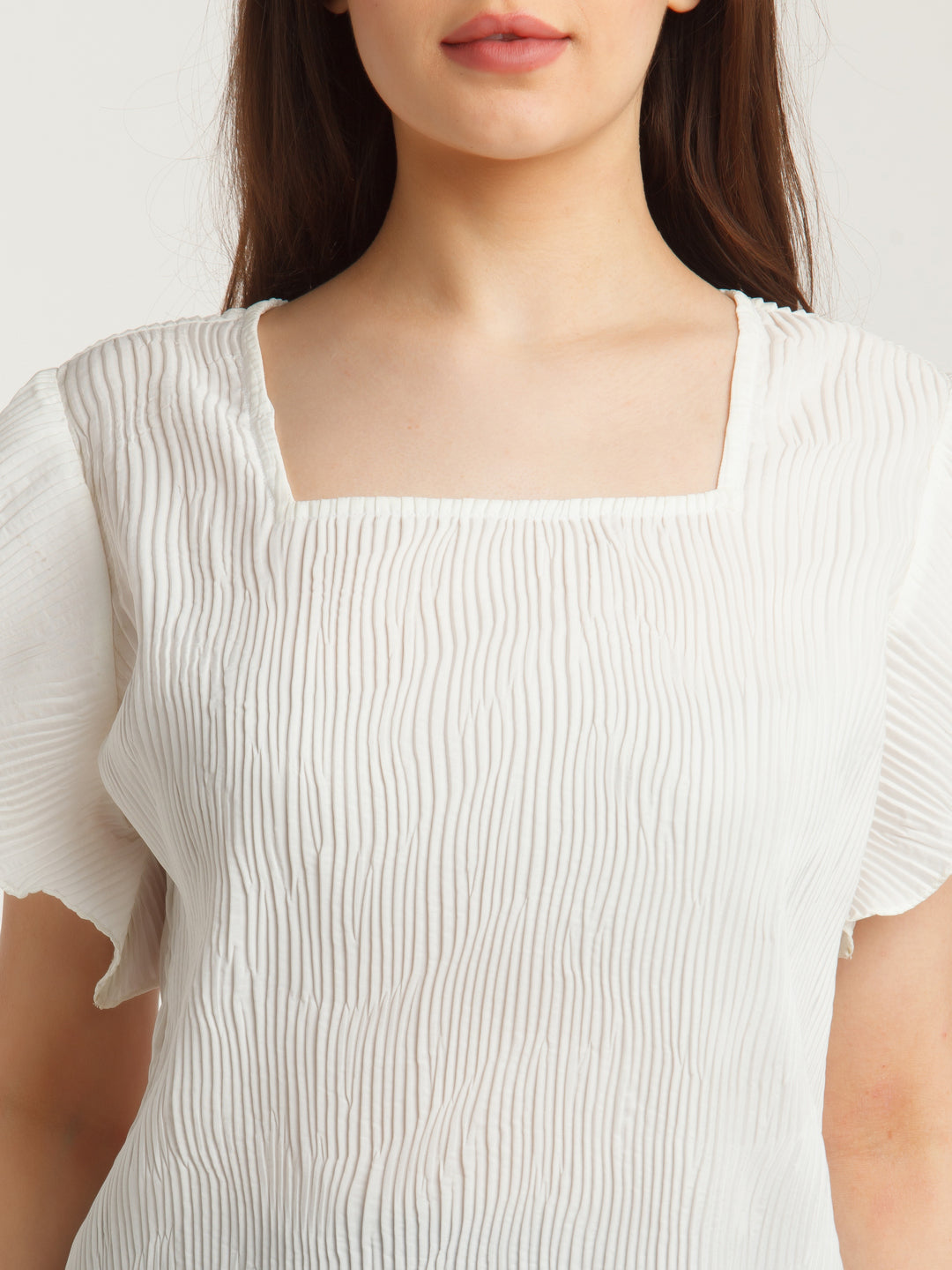 White Solid Flared Sleeve Top For Women