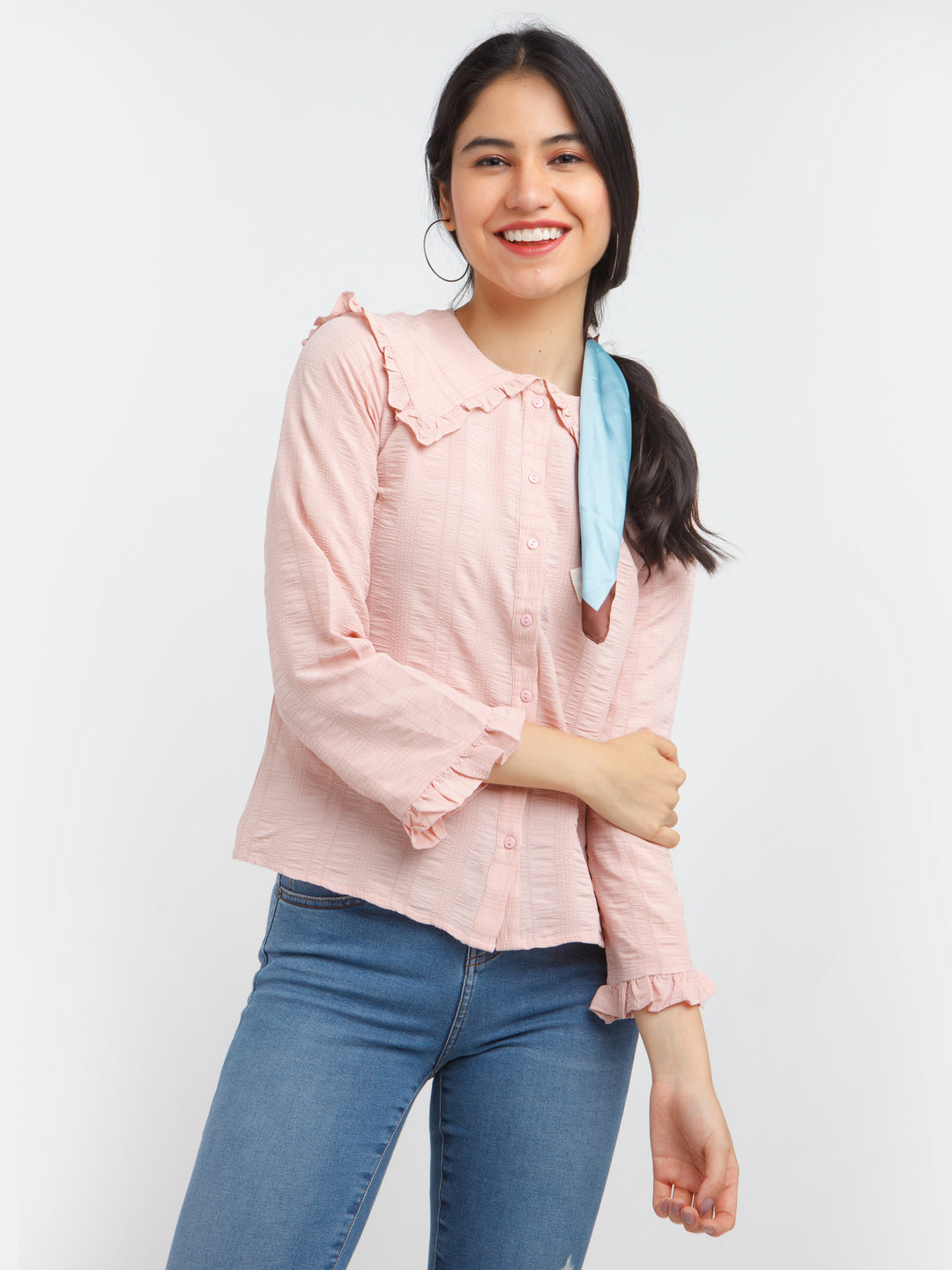 Pink Self Design Ruffled shirt For Women