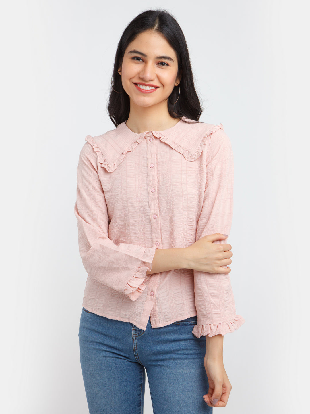 Pink Self Design Ruffled shirt For Women