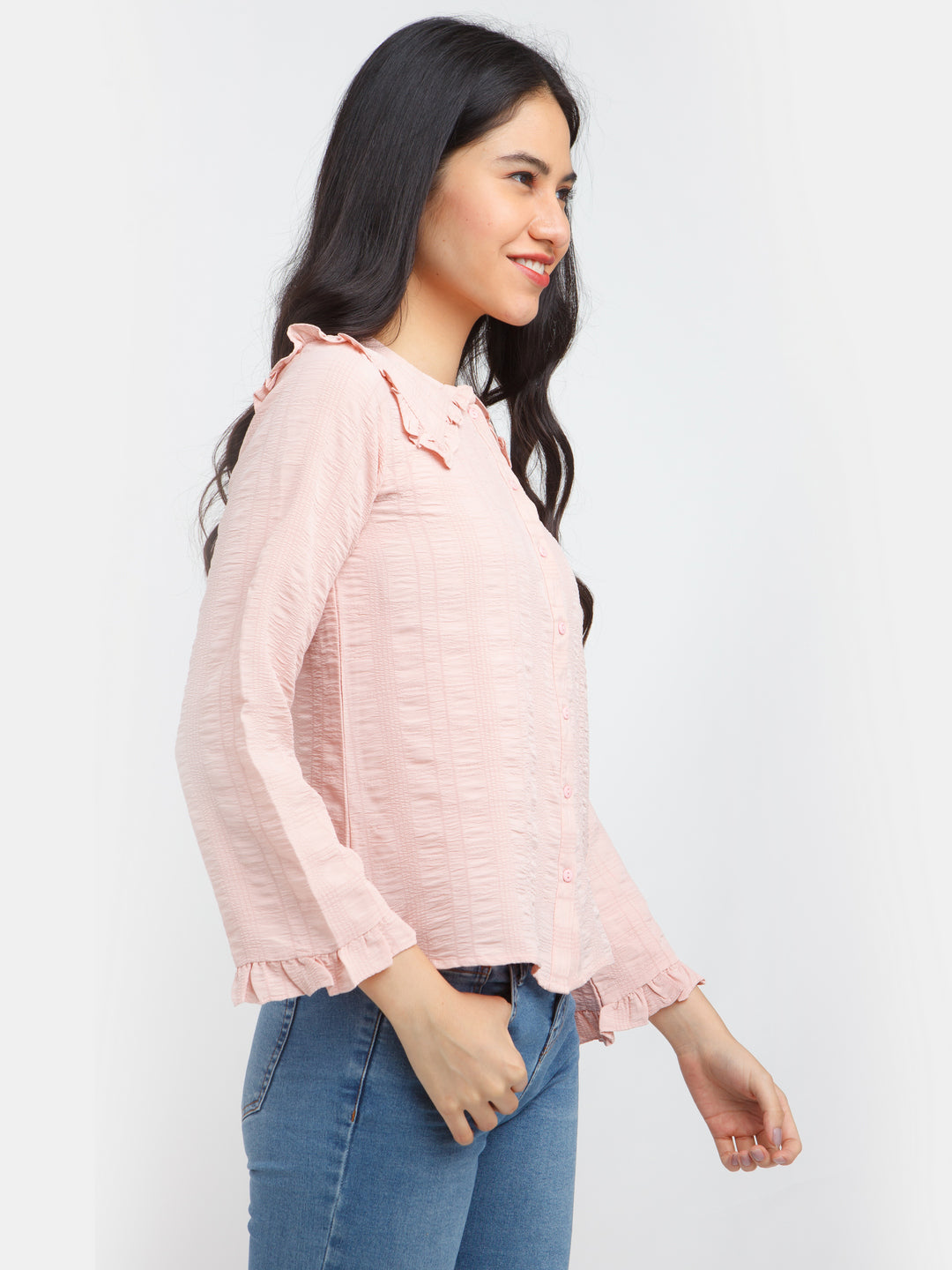 Pink Self Design Ruffled shirt For Women