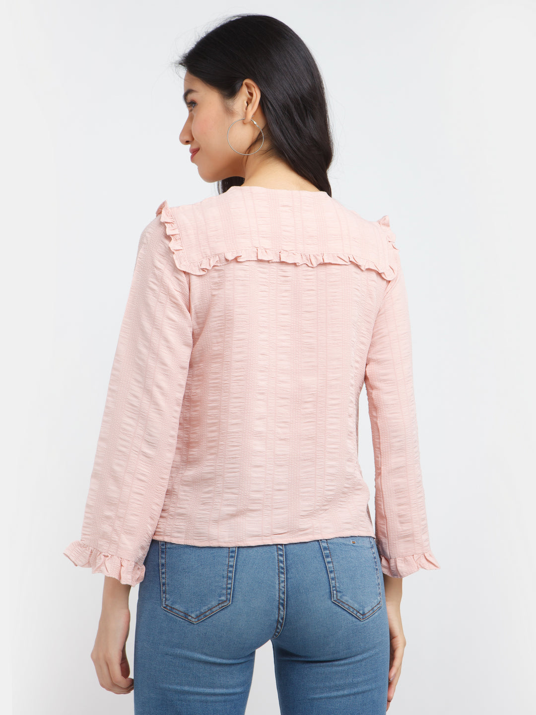 Pink Self Design Ruffled shirt For Women