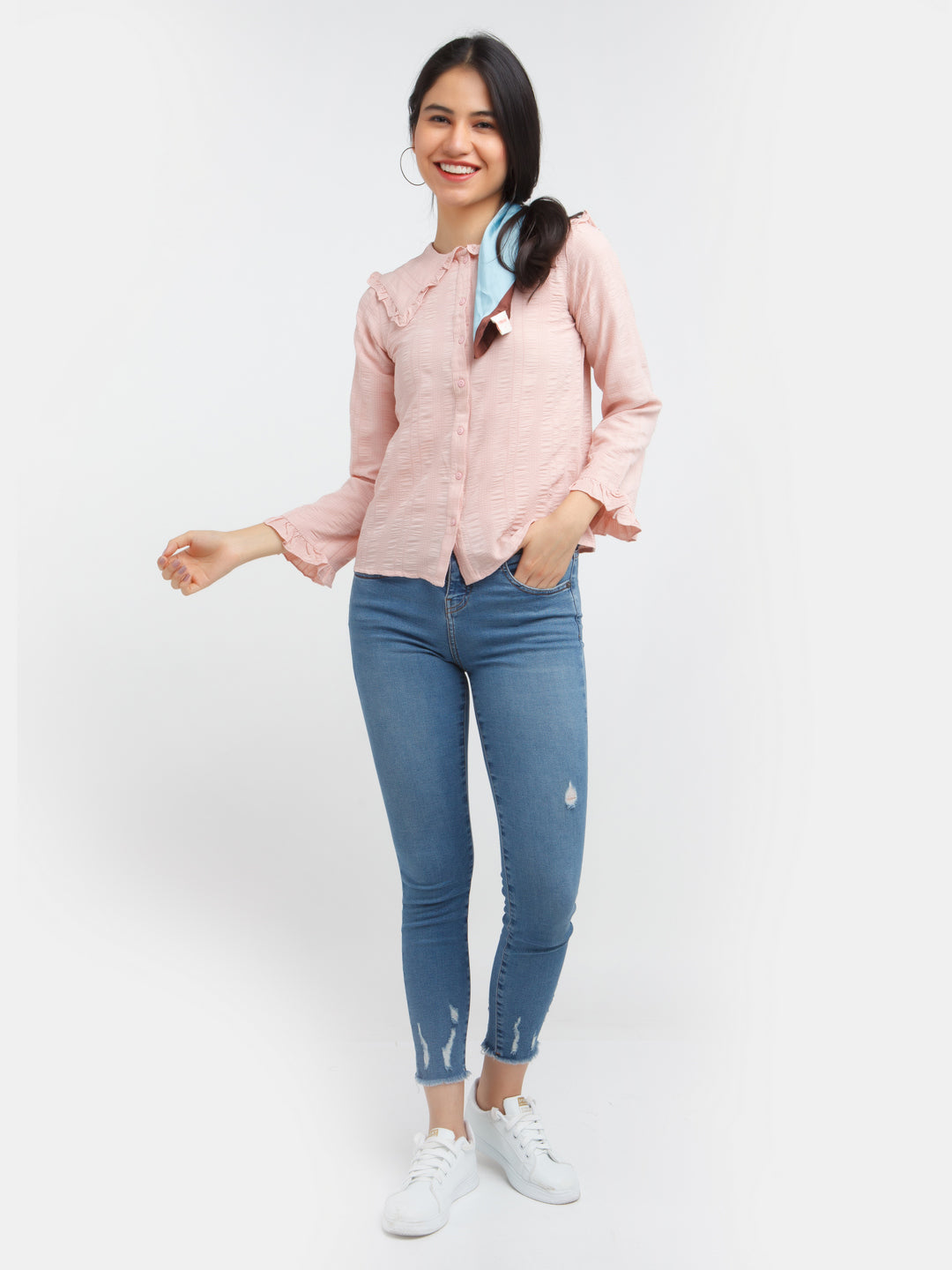 Pink Self Design Ruffled shirt