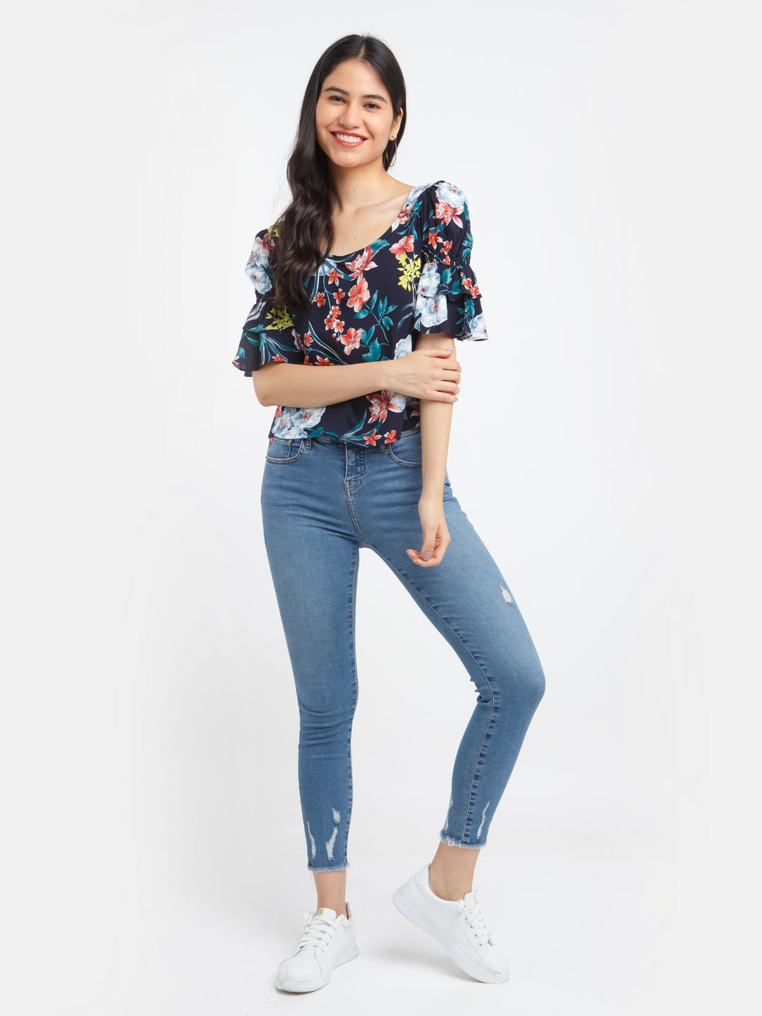 Navy Blue Printed Flared Sleeve Top