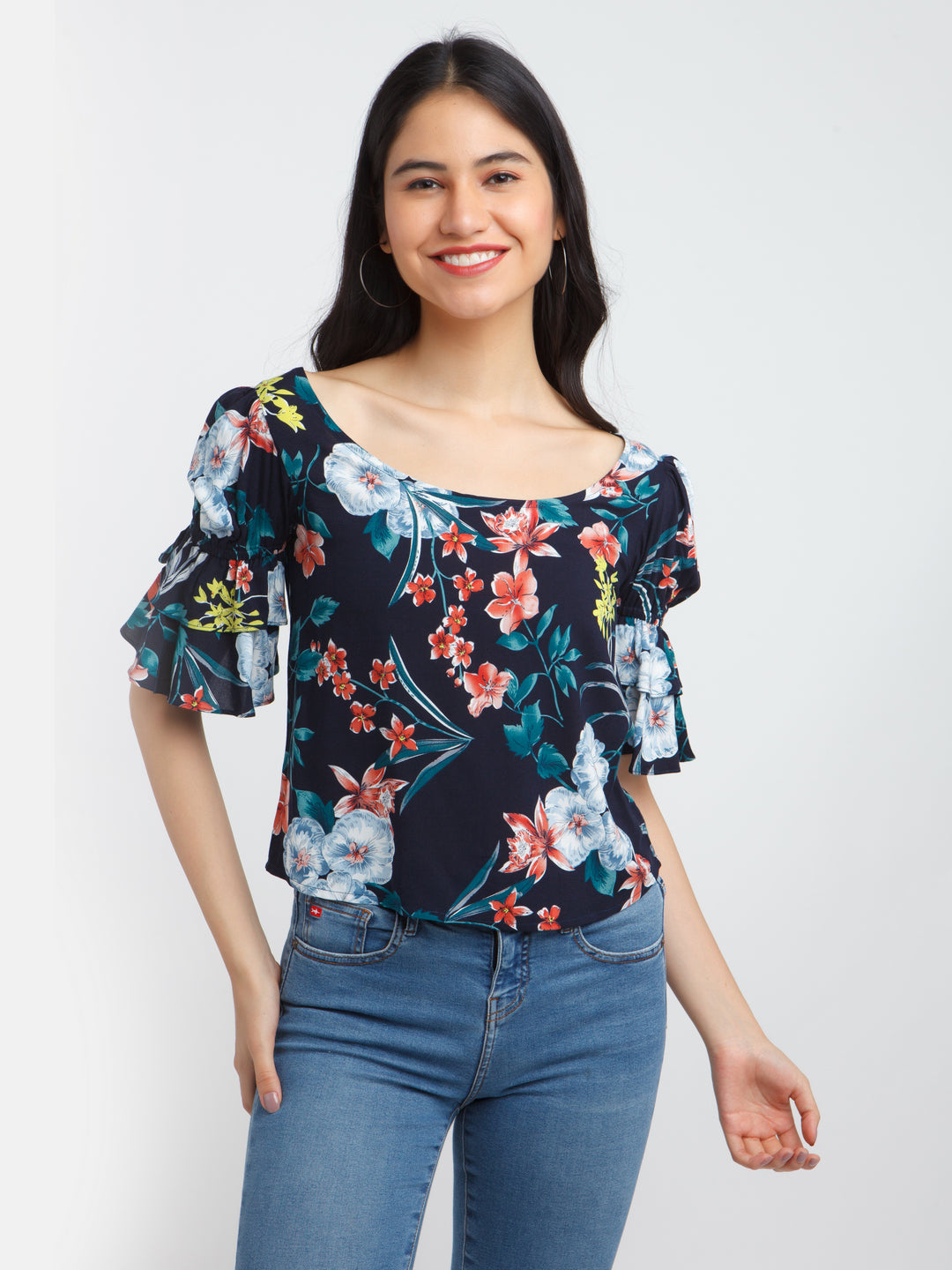 Navy Blue Printed Flared Sleeve Top For Women