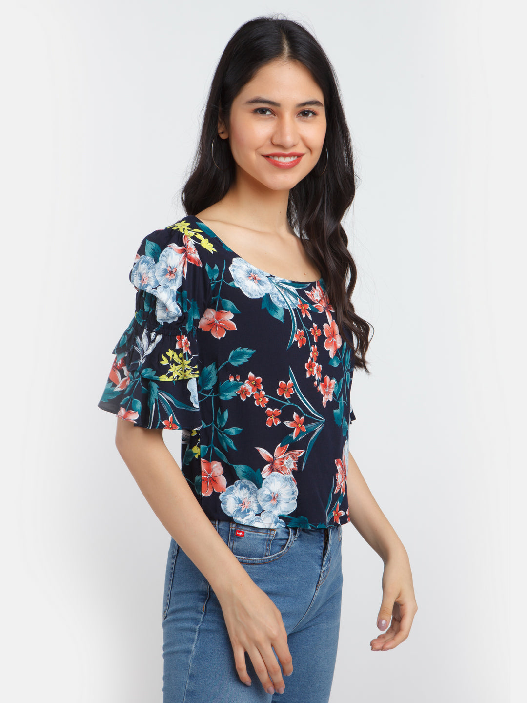 Navy Blue Printed Flared Sleeve Top