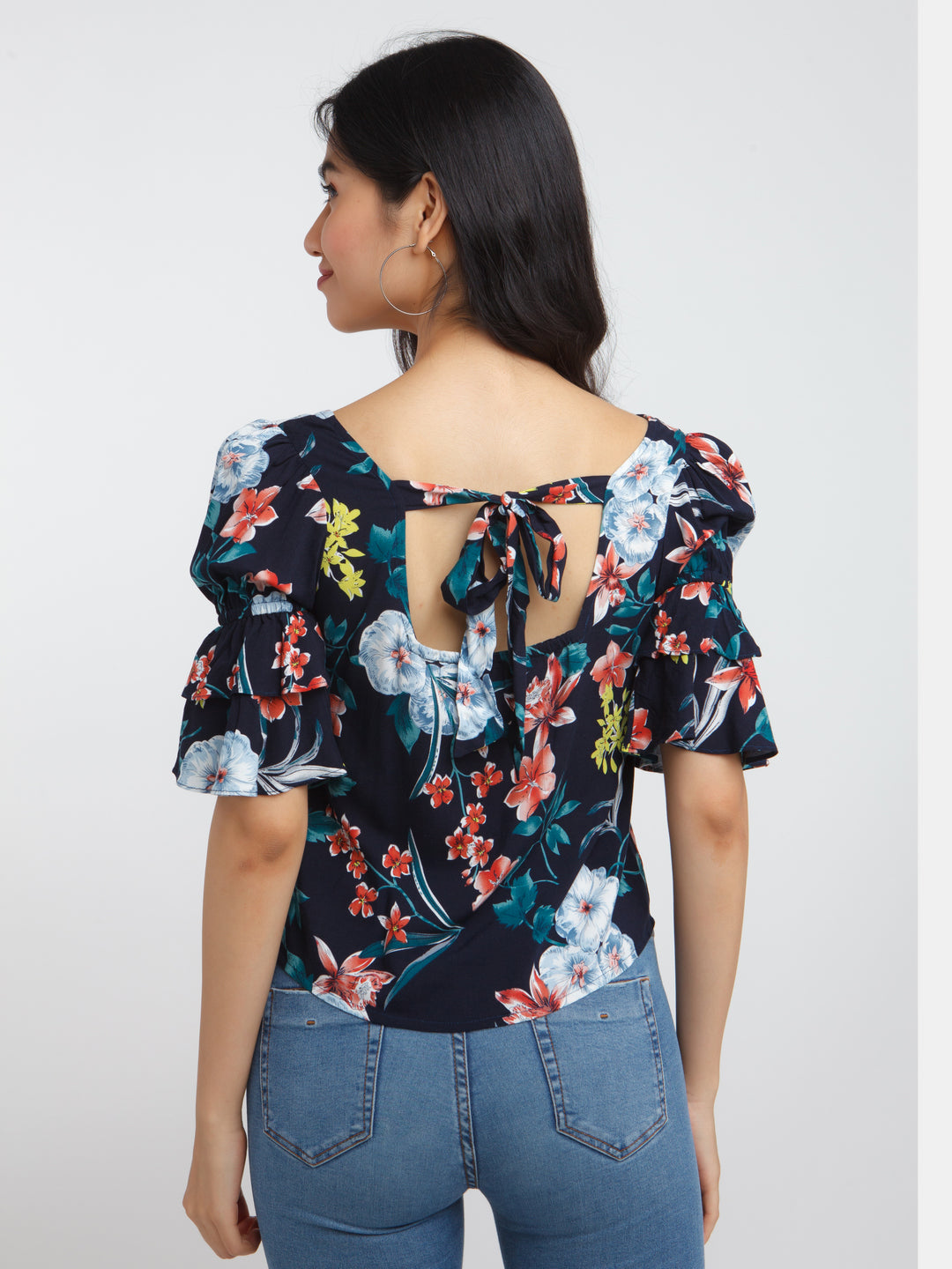 Navy Blue Printed Flared Sleeve Top