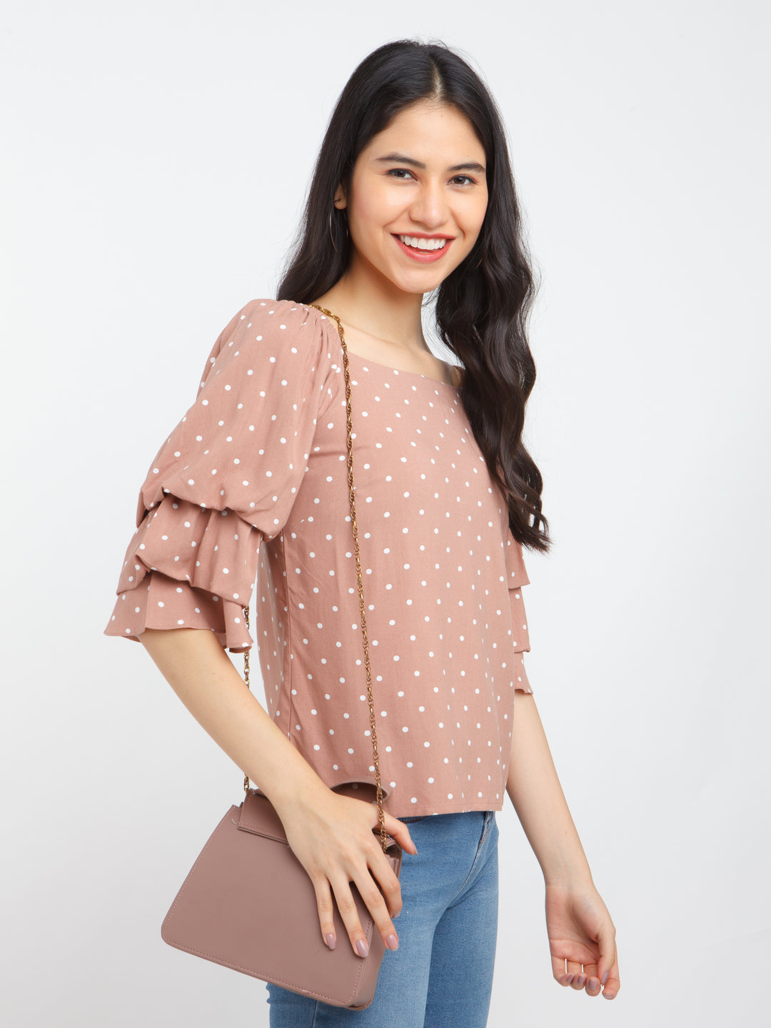 Beige Printed Flared Sleeve Top