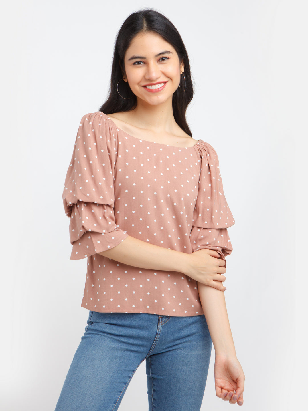 Beige Printed Flared Sleeve Top