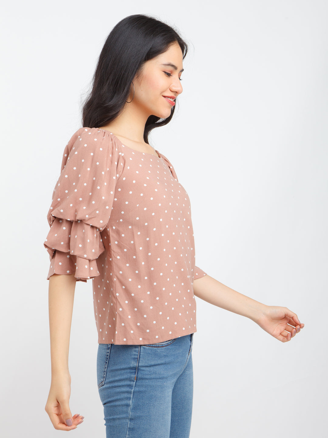 Beige Printed Flared Sleeve Top