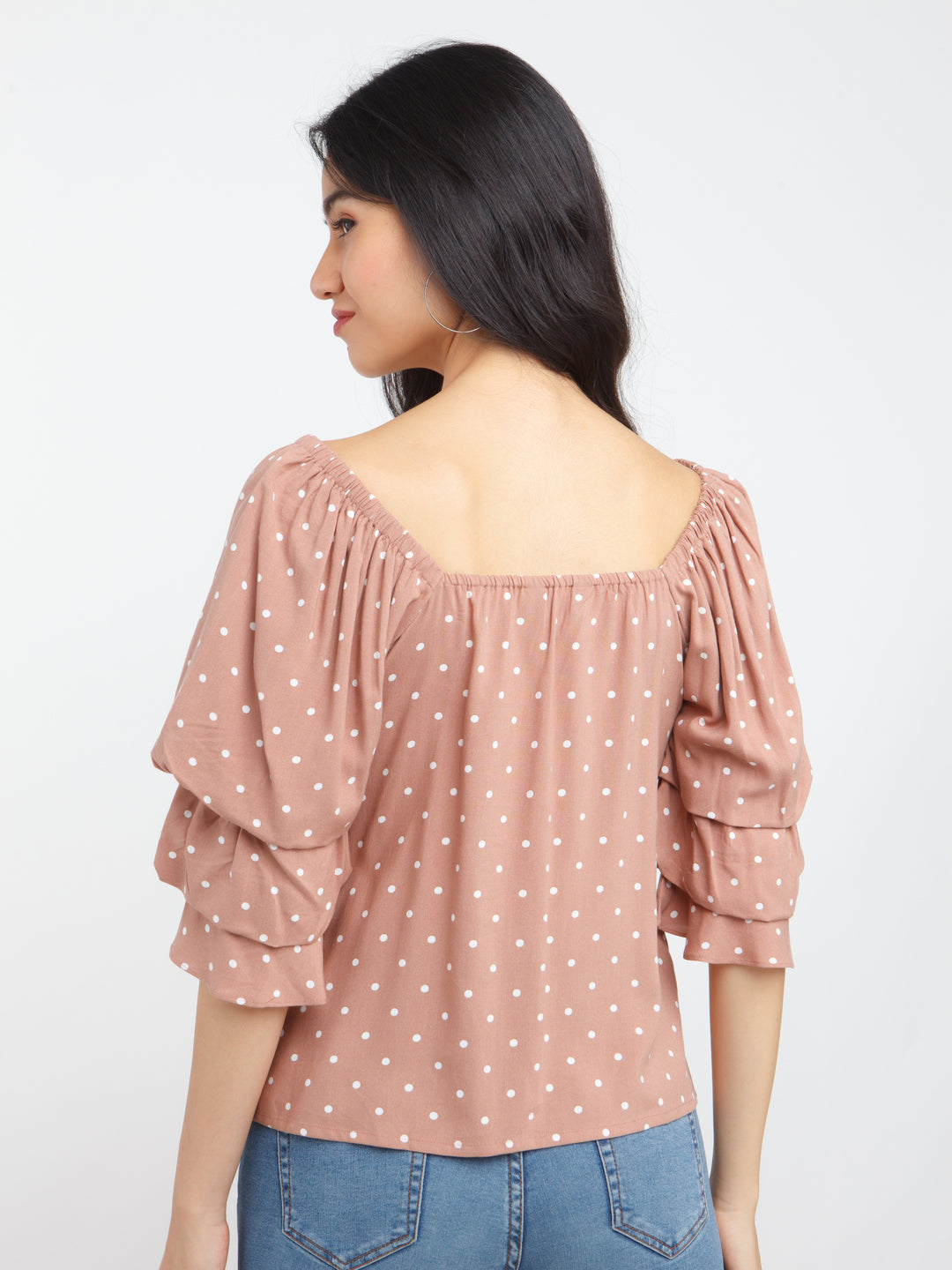 Beige Printed Flared Sleeve Top For Women