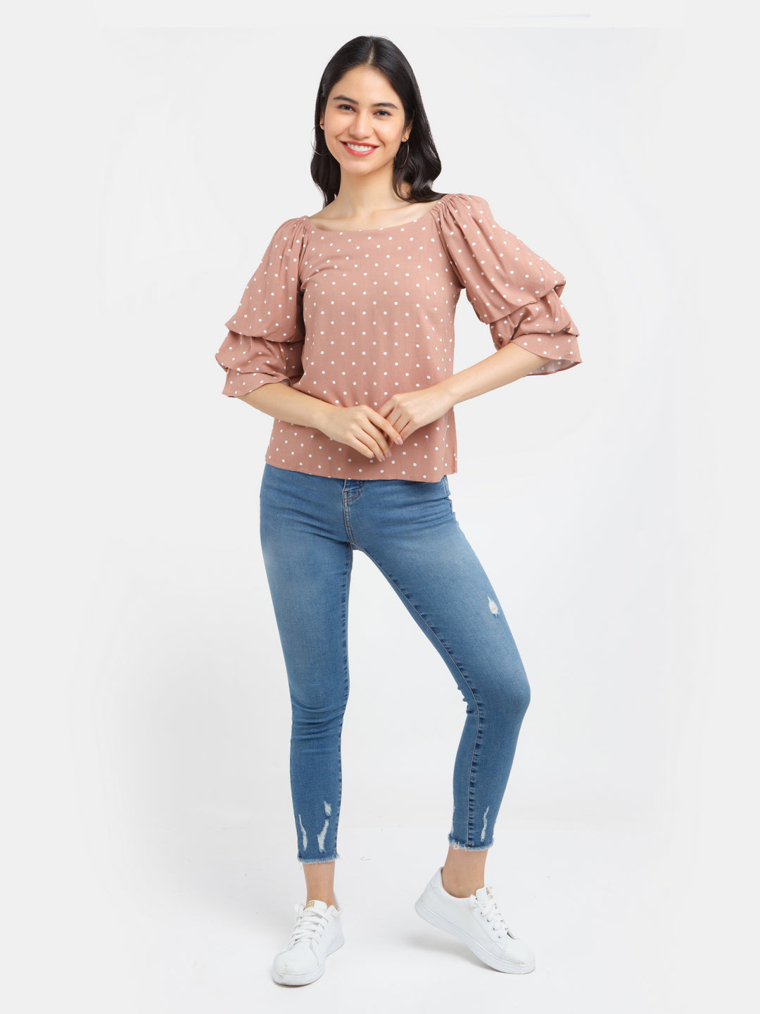 Beige Printed Flared Sleeve Top