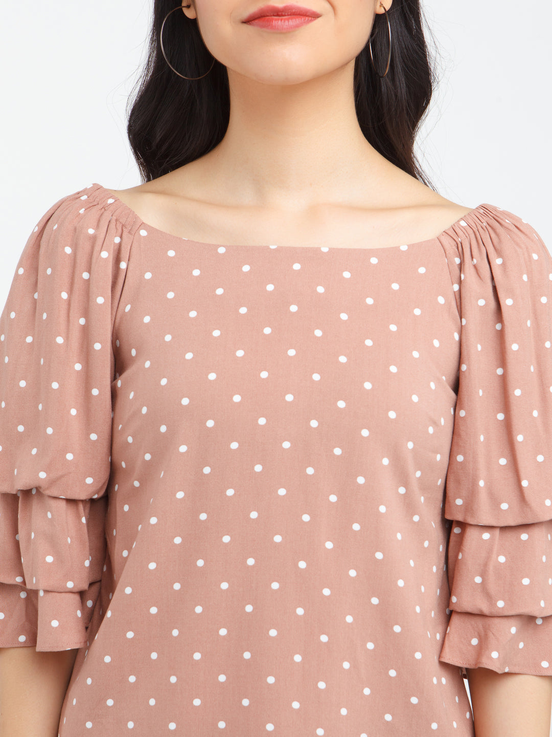 Beige Printed Flared Sleeve Top