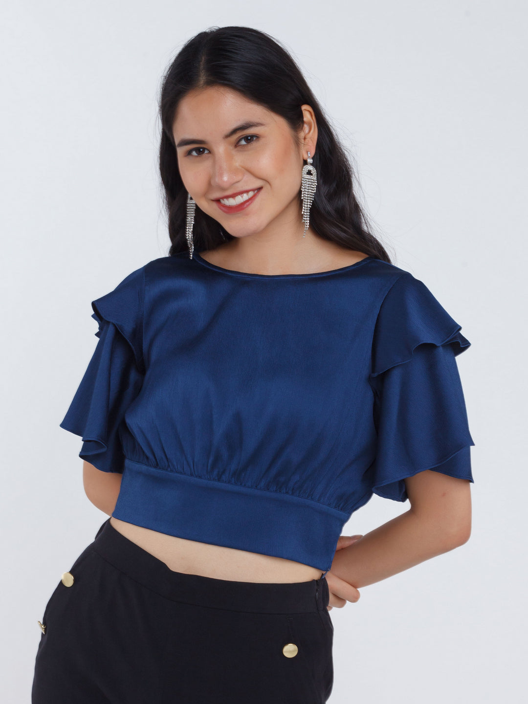 Navy Blue Solid Flared Sleeve Crop Top