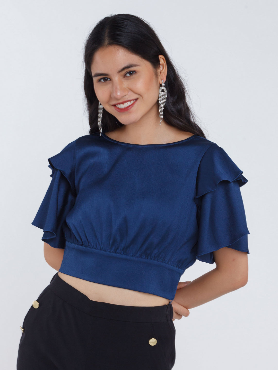 Navy Blue Solid Flared Sleeve Crop Top For Women