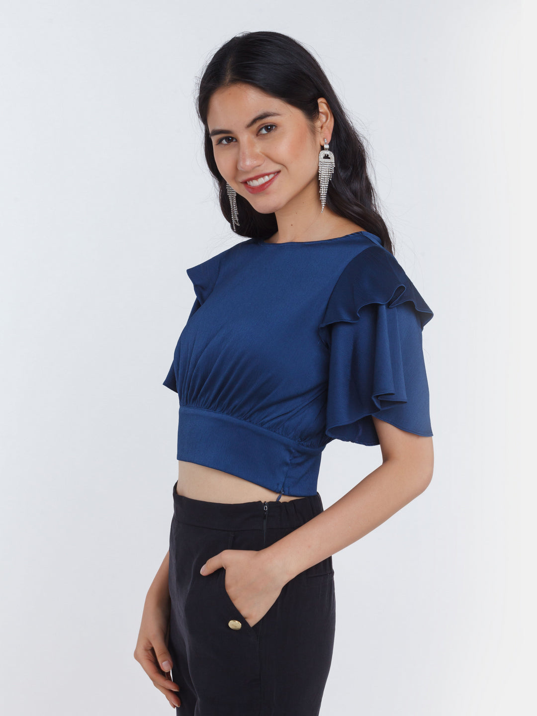 Navy Blue Solid Flared Sleeve Crop Top