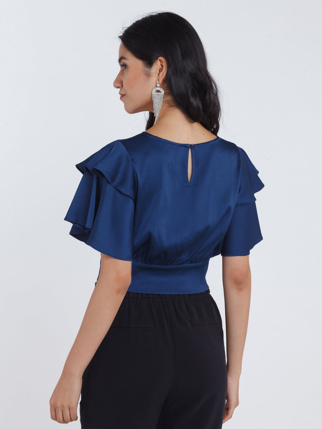 Navy Blue Solid Flared Sleeve Crop Top