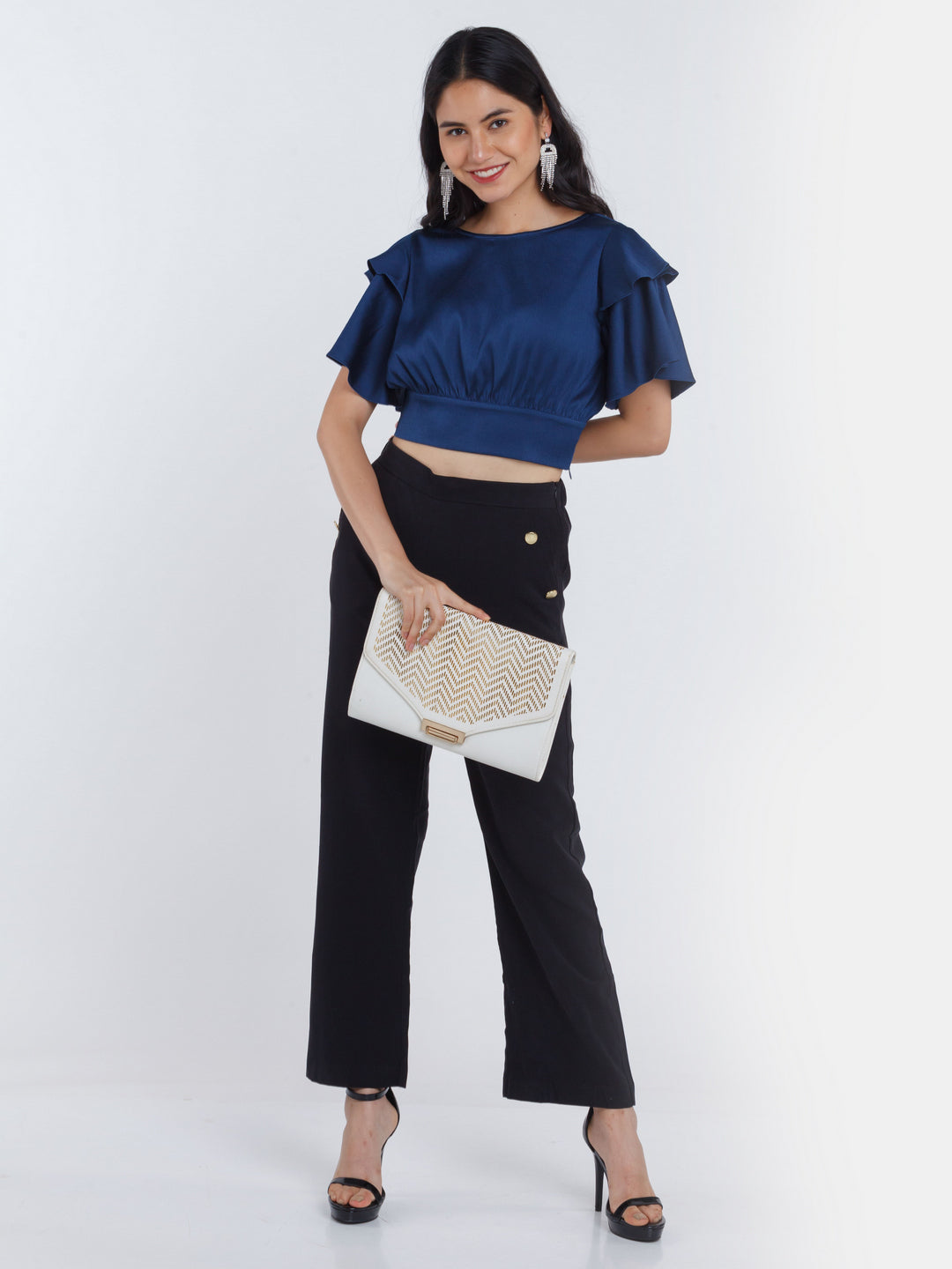 Navy Blue Solid Flared Sleeve Crop Top