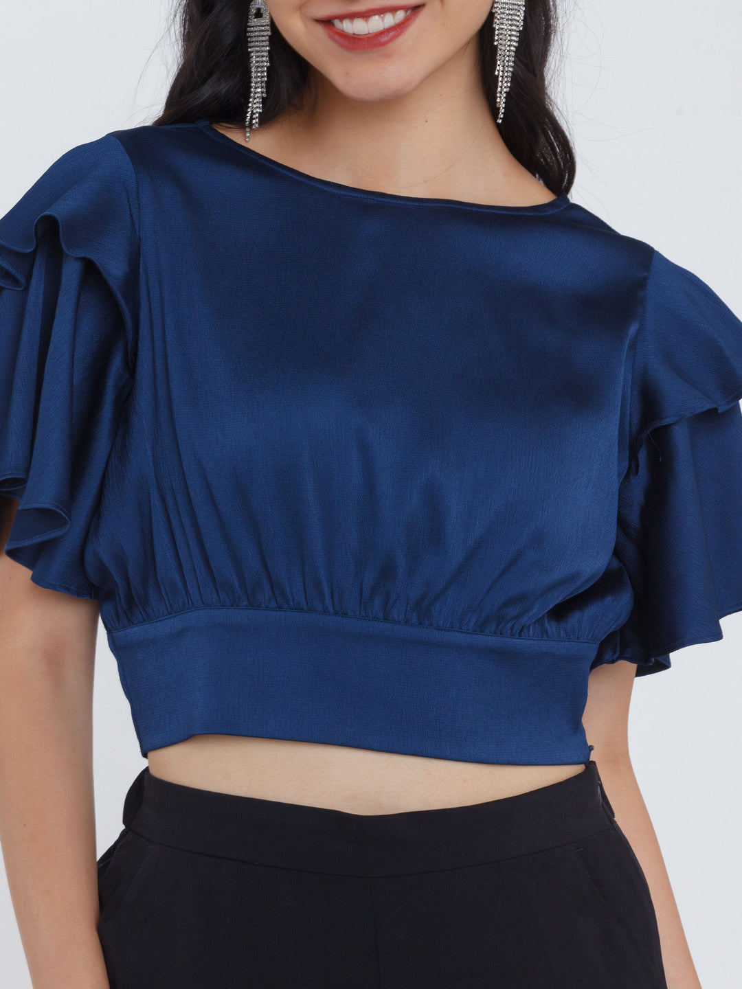 Navy Blue Solid Flared Sleeve Crop Top For Women