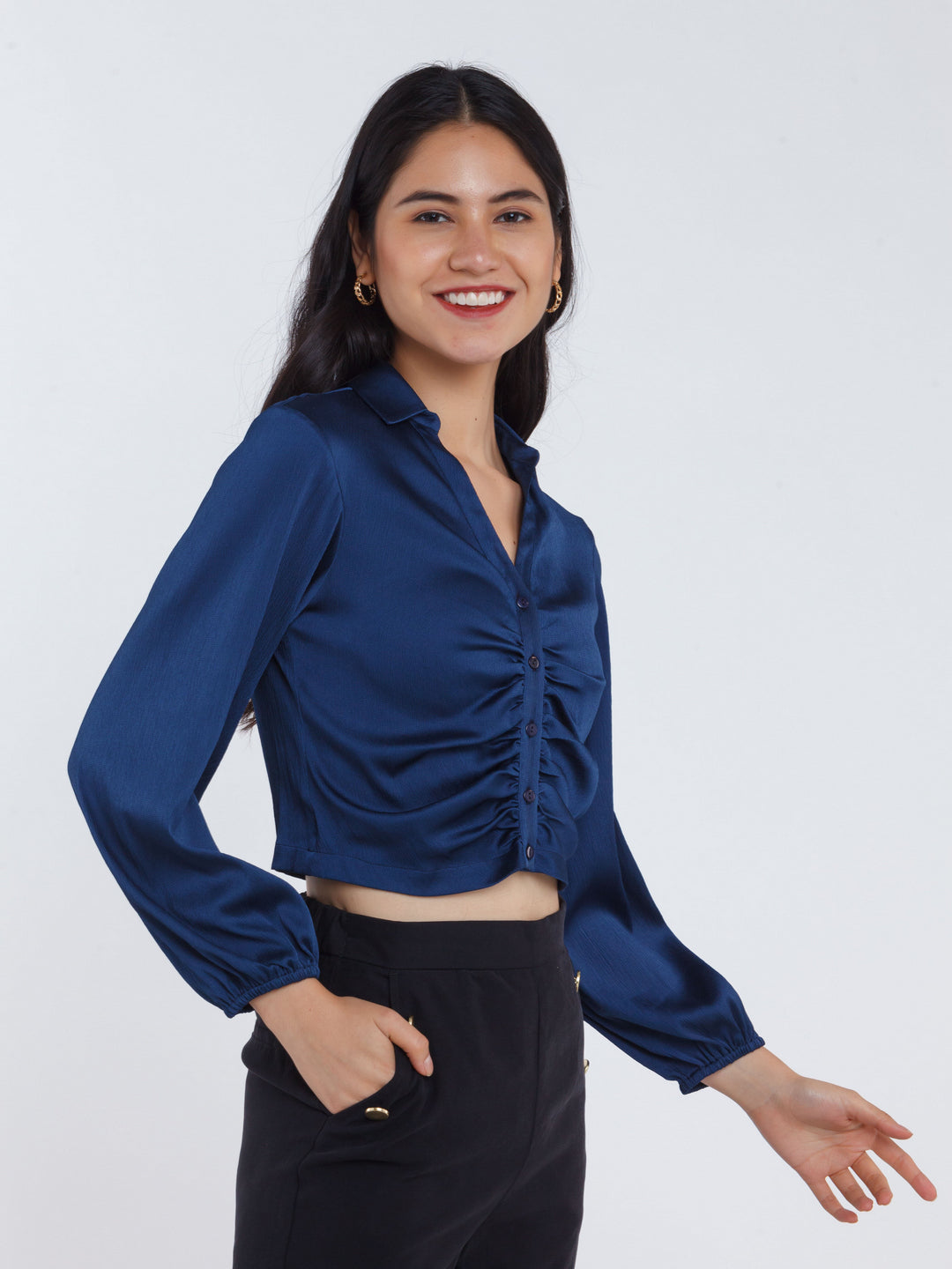 Navy Blue Solid Ruched Crop Top For Women