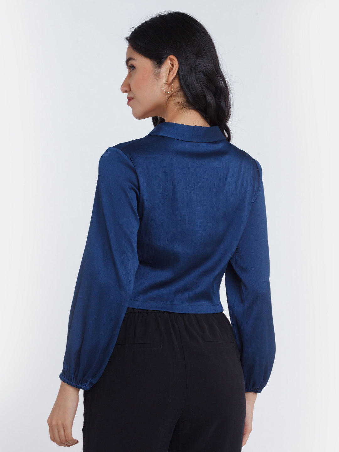 Navy Blue Solid Ruched Crop Top For Women