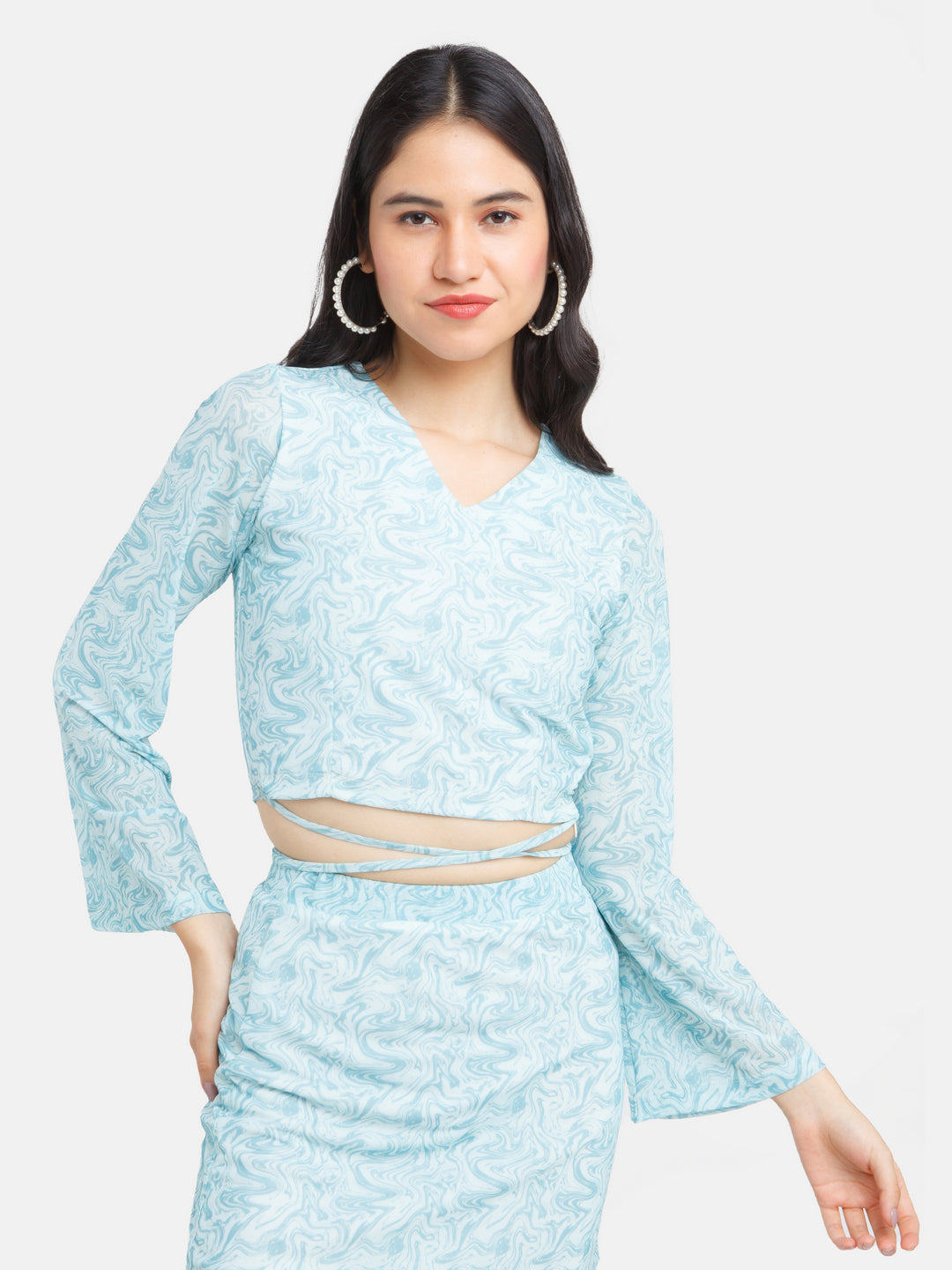 Blue Printed Tie-Up Top For Women