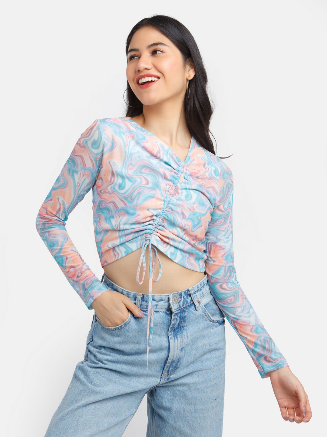 Multicolored Printed Ruched Top For Women