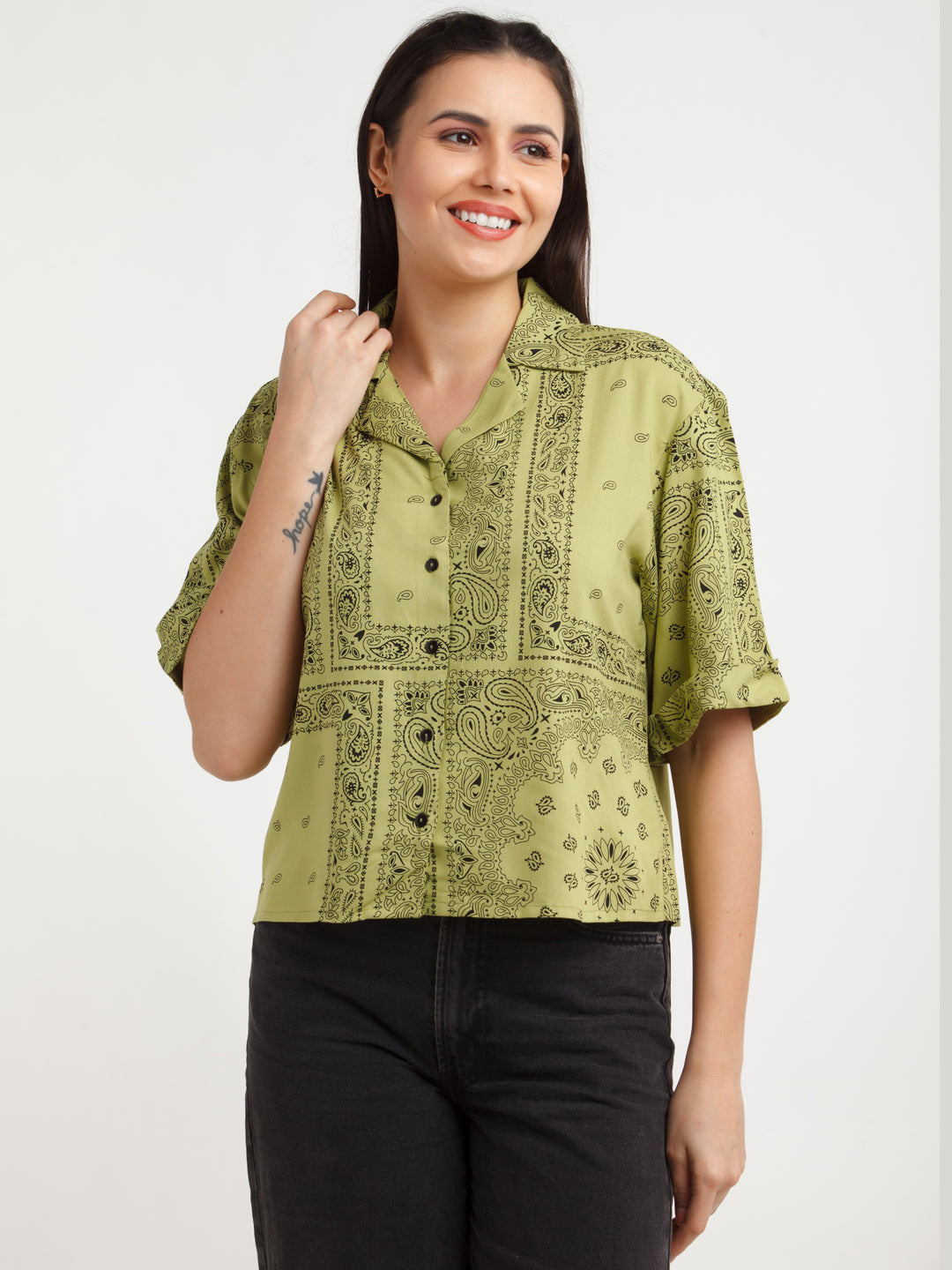 Green Printed Shirt For Women