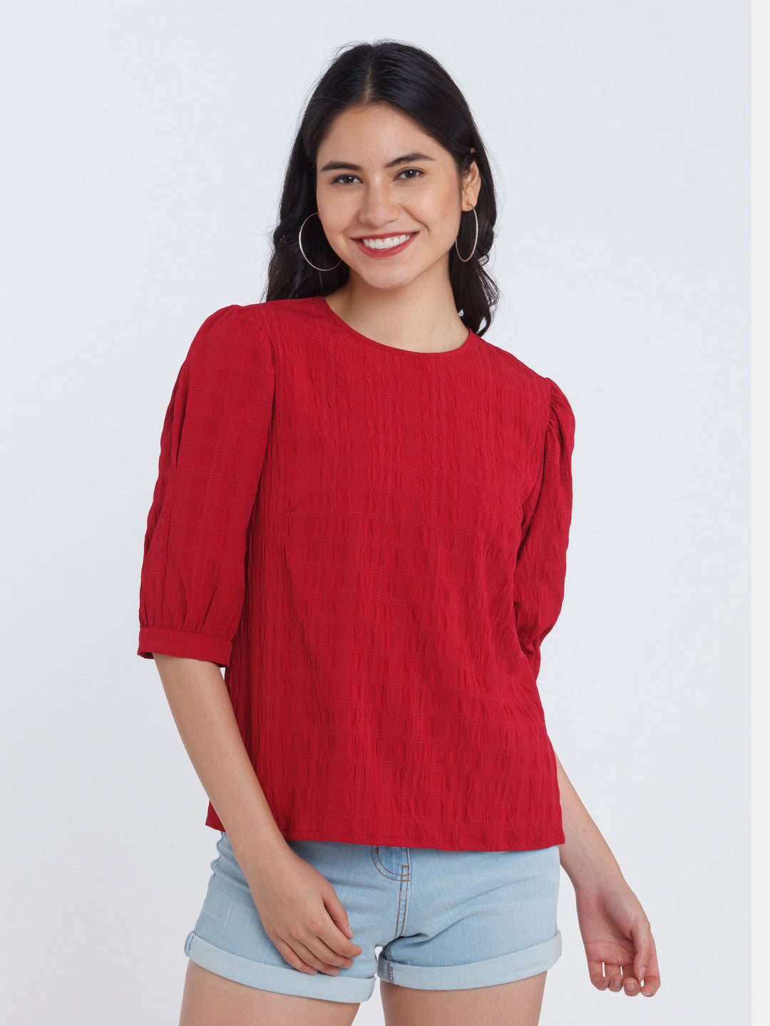 Red Puff Sleeve Top For Women