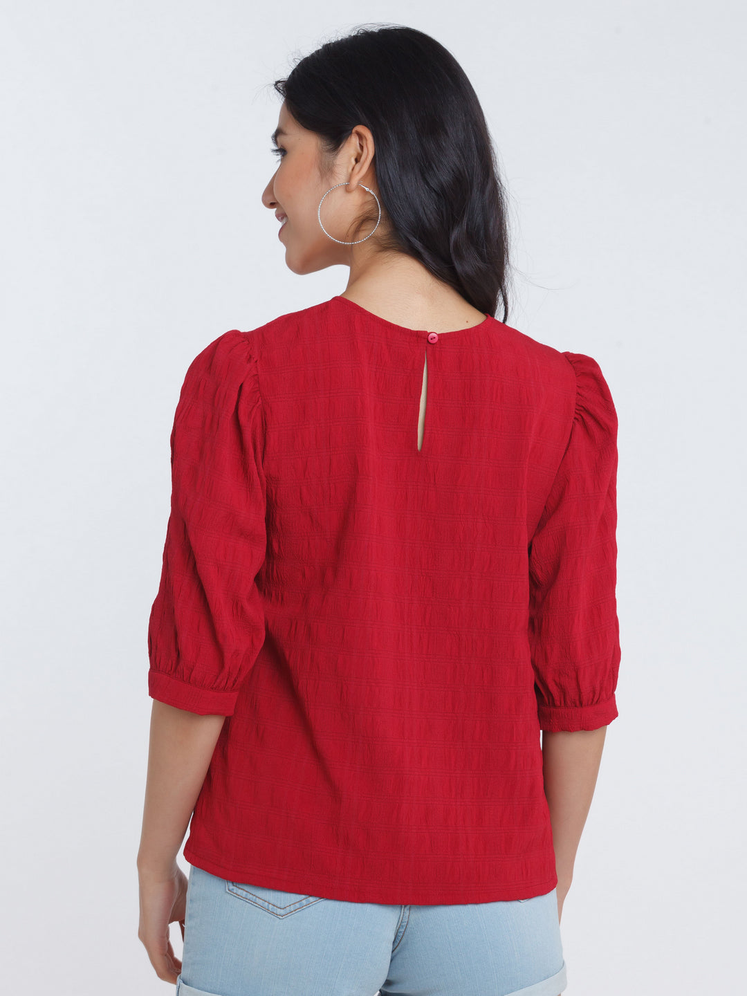 Red Puff Sleeve Top For Women