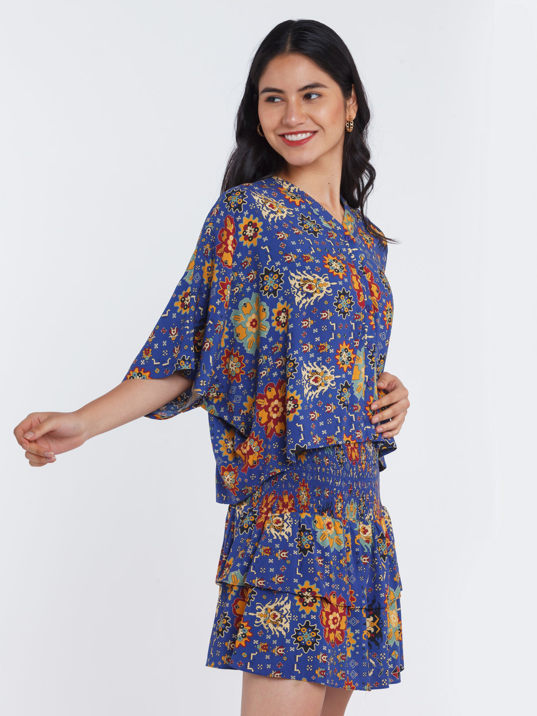 Blue Printed Kimono Shirt For Women