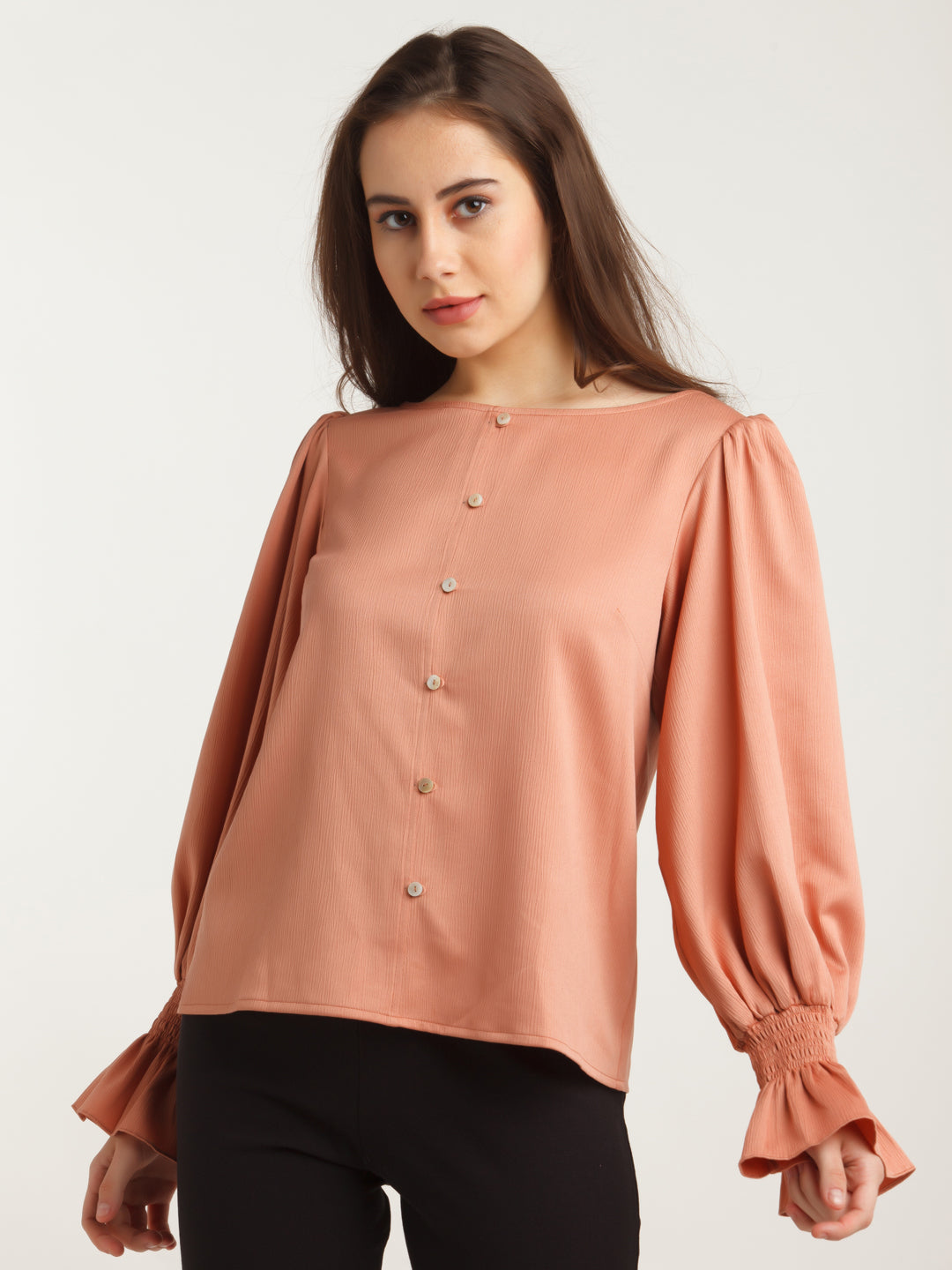 Peach Solid Puff Sleeve Top For Women