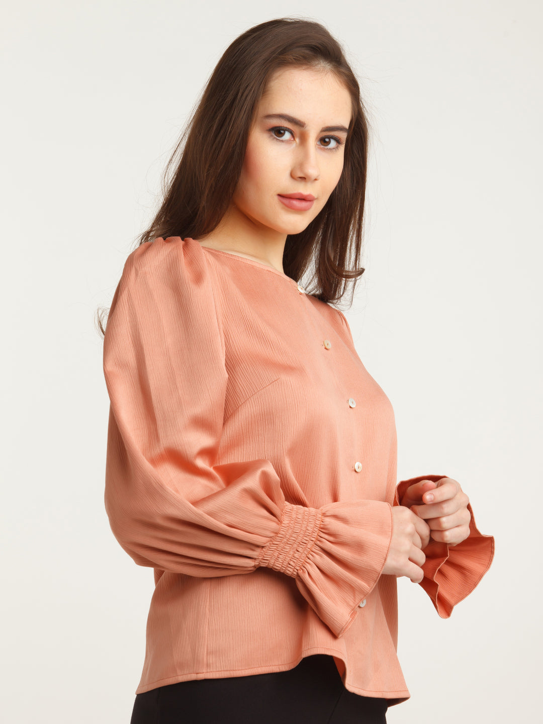 Peach Solid Puff Sleeve Top For Women