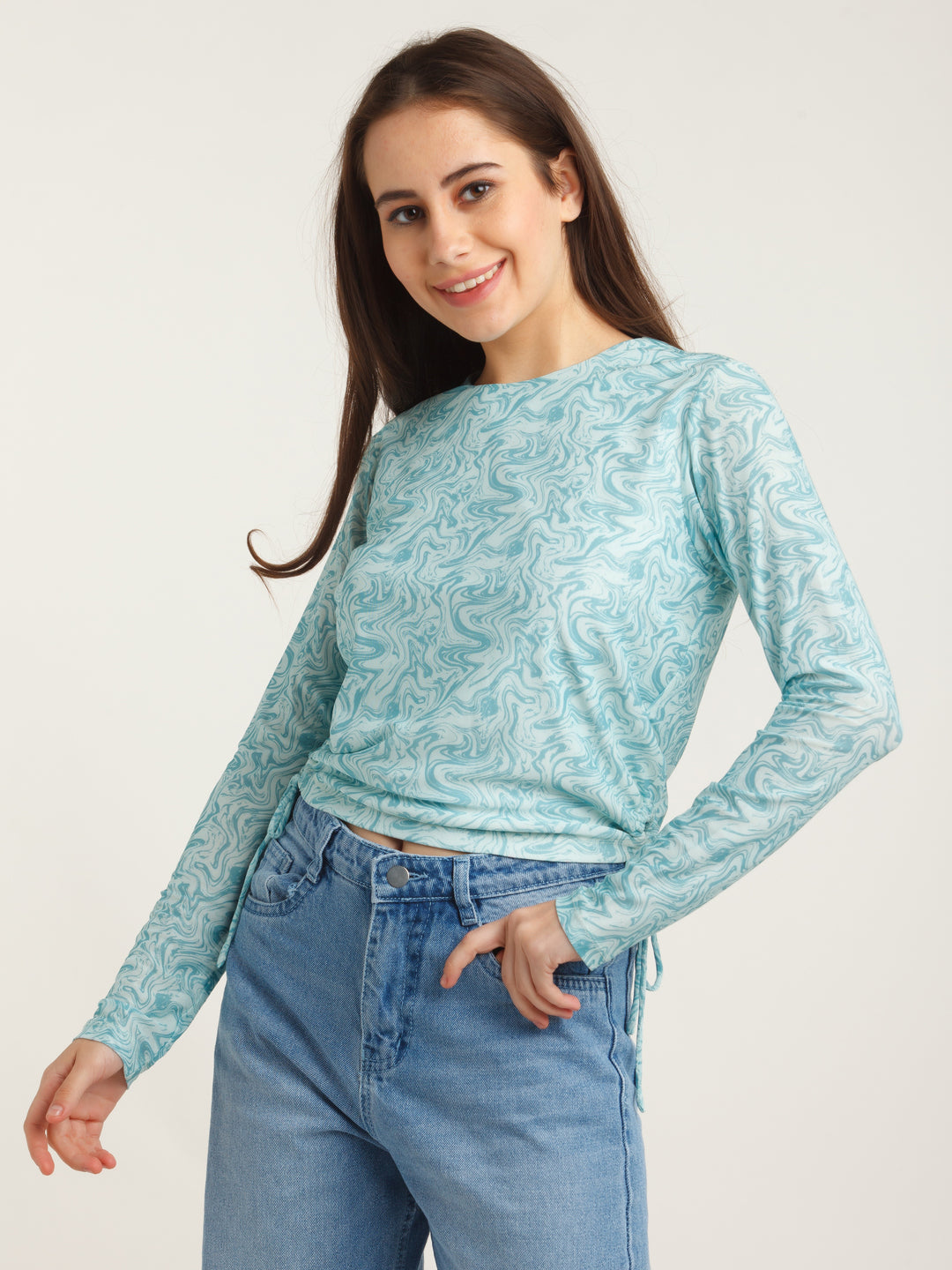 Blue Printed Tie-Up Top For Women