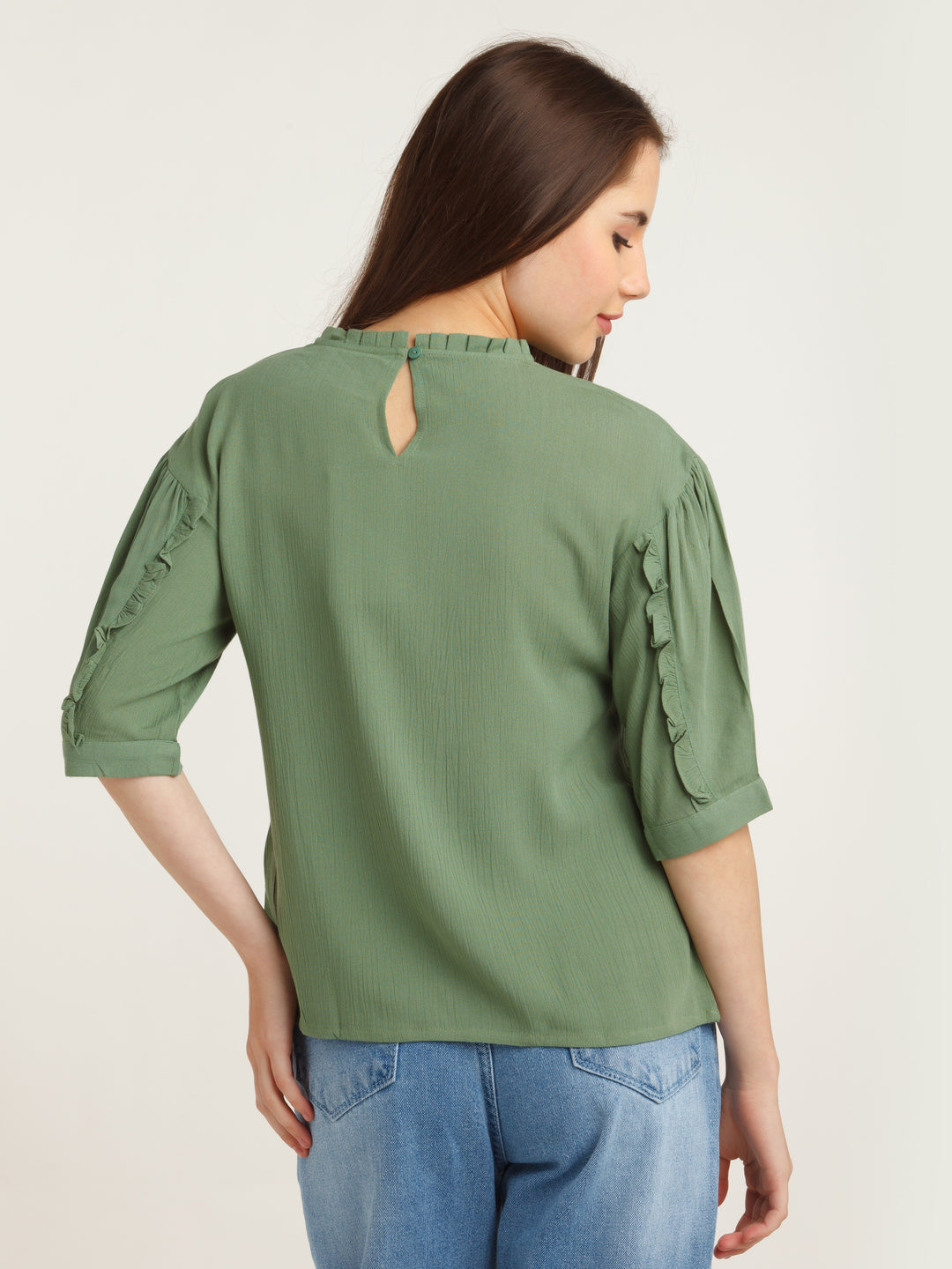Green Solid Puff Sleeve Top For Women