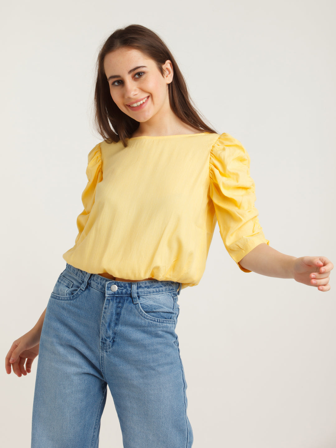 Yellow Solid Puff Sleeve Top For Women