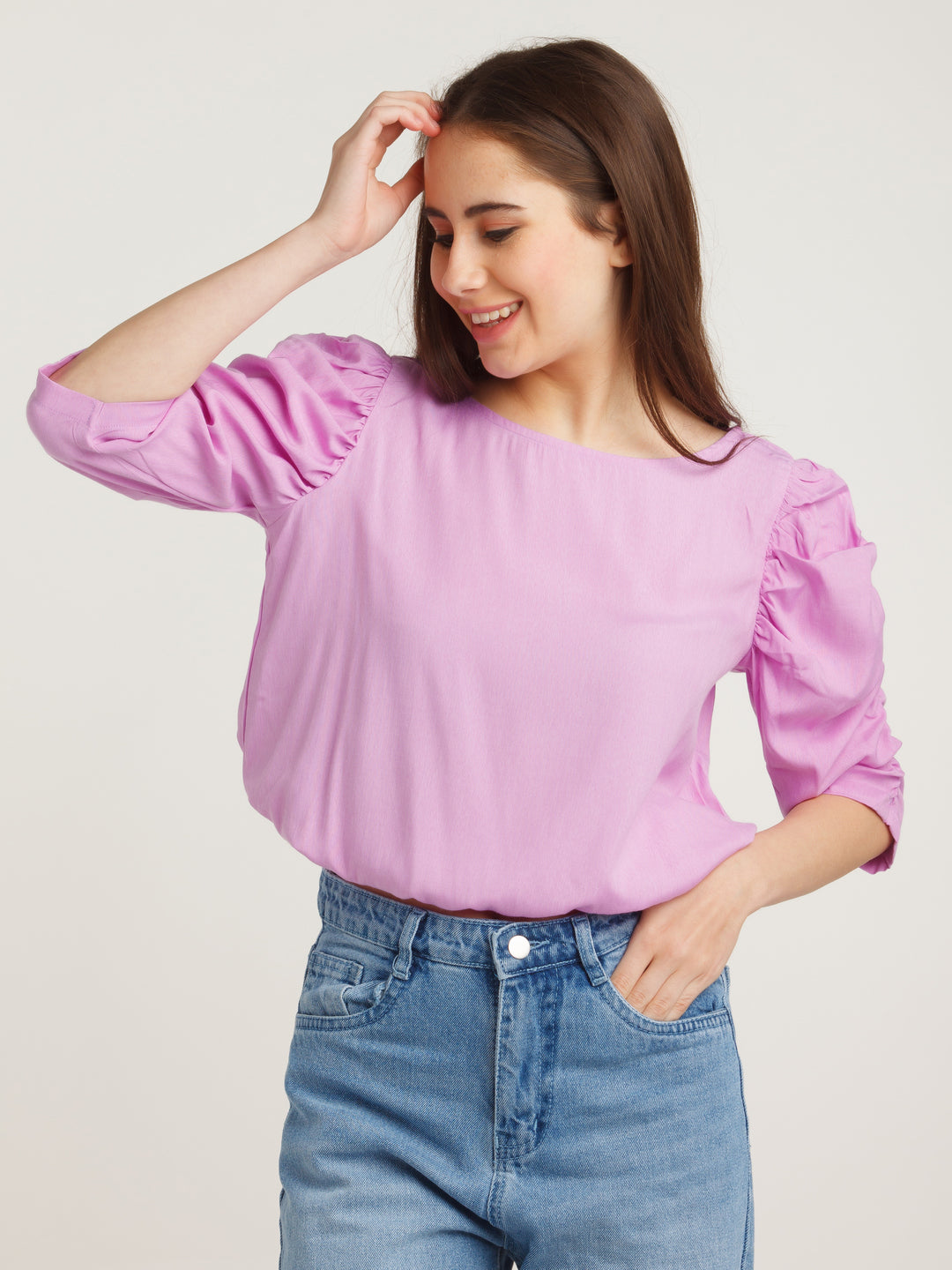 Purple Solid Puff Sleeve Top