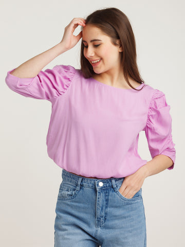 Purple Solid Puff Sleeve Top For Women